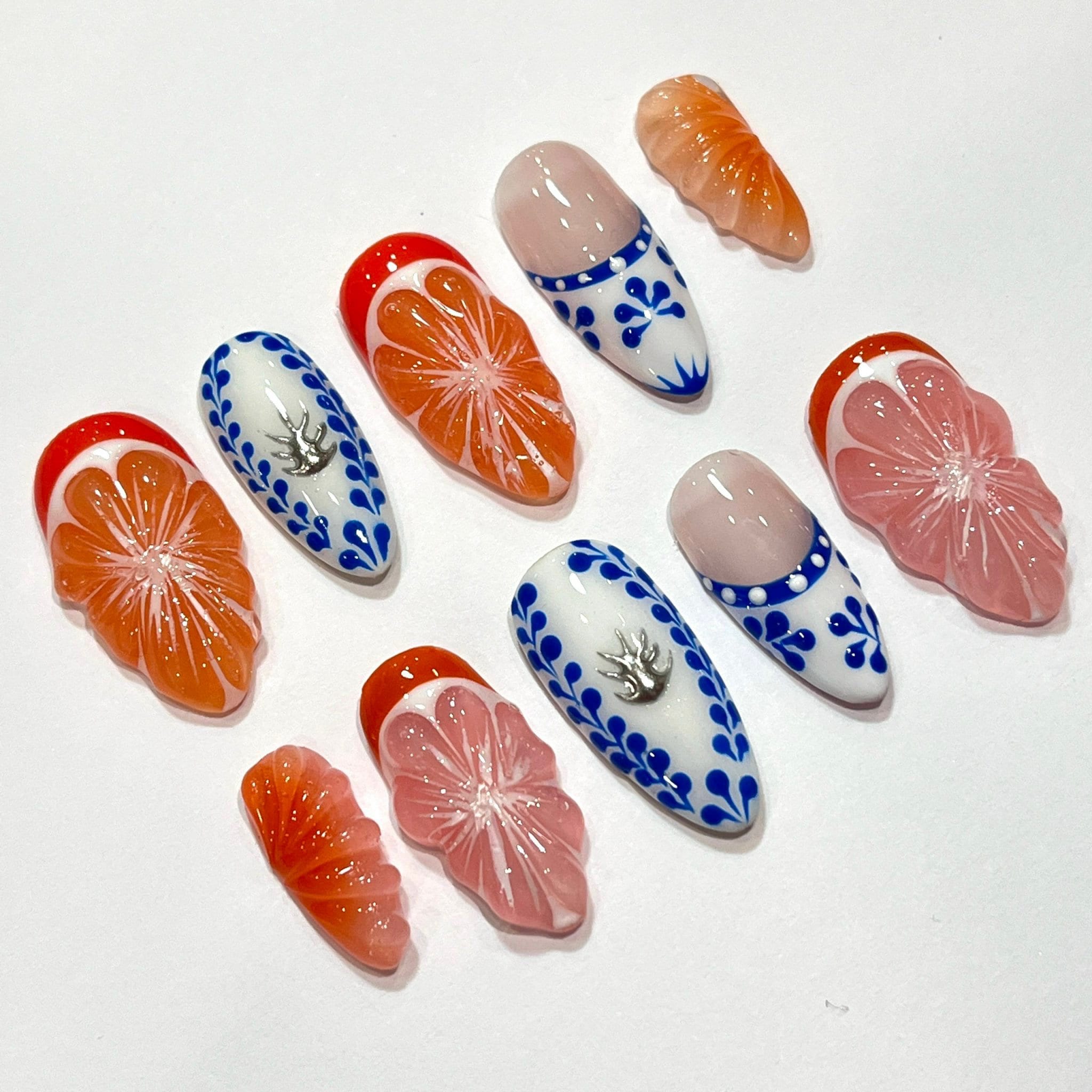 Free Style Summer Fruit Almond Press On Nails, Handmade Fake Nails Nails, Unique Nails for Birthday Event Photograph Holiday Birthday