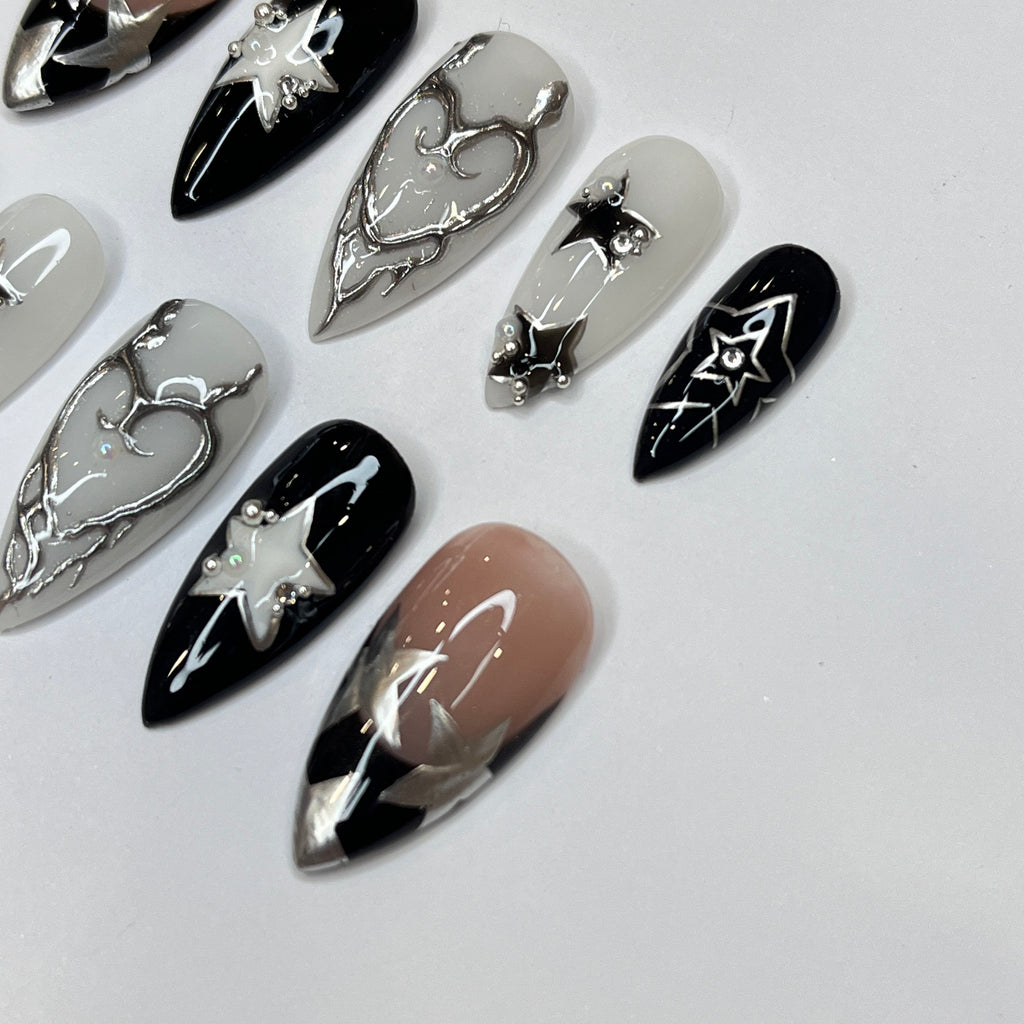 Freestyle Silver Stars Press On Nails, Elegant Fake Nails, Chrome Nails Art, Birthday Party Holiday Nails/ Valentine Nail Set
