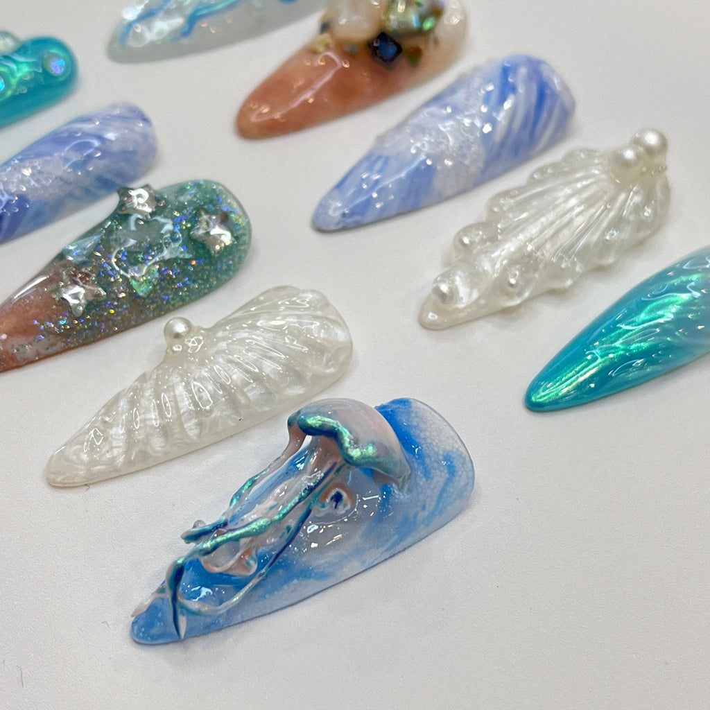 Ocean Love Inspired Press On Nails, Elegant Fake Nails, 3D Nails Art for Holiday ,Birthday, Party Nails, Nature Lover Nails