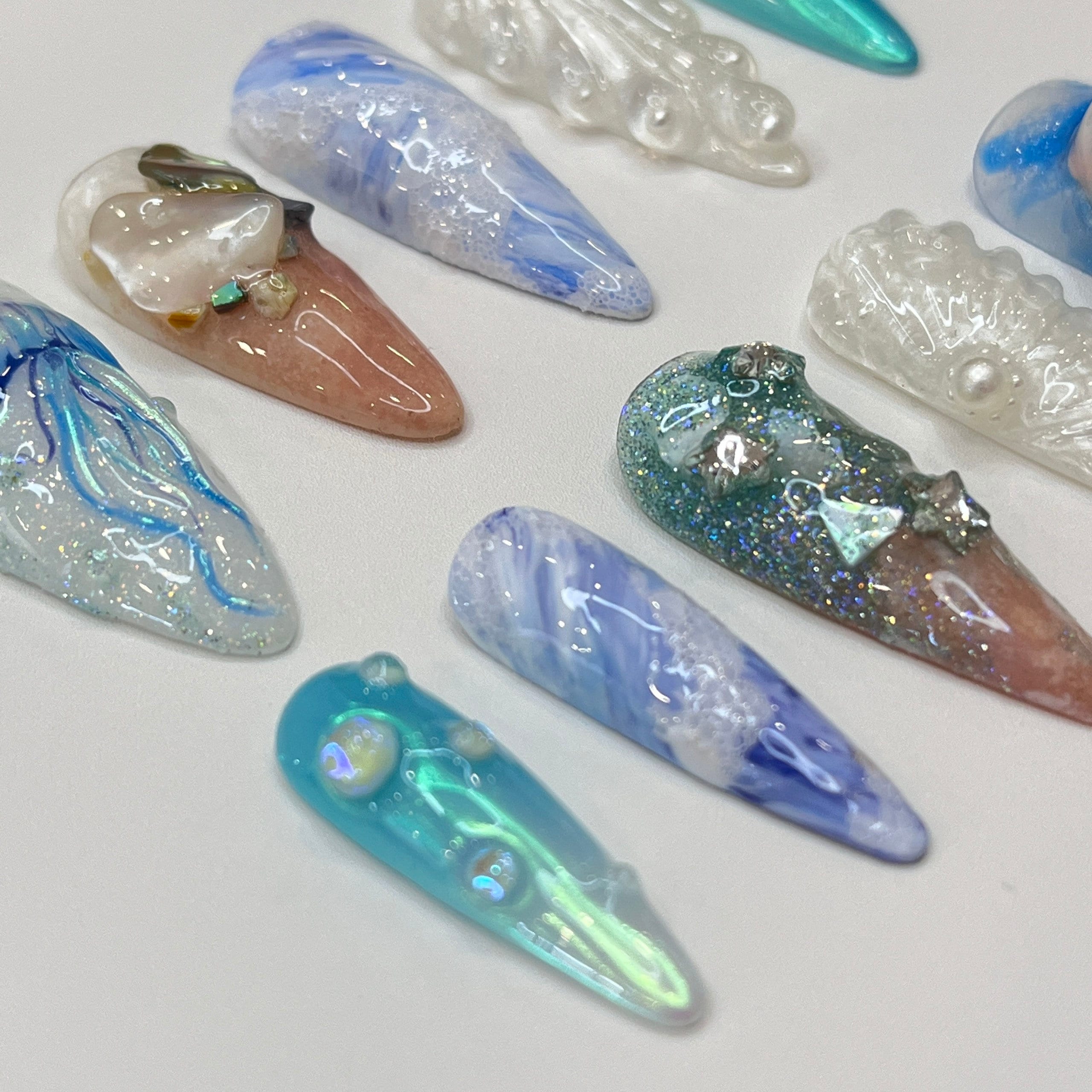 Ocean Love Inspired Press On Nails, Elegant Fake Nails, 3D Nails Art for Holiday ,Birthday, Party Nails, Nature Lover Nails
