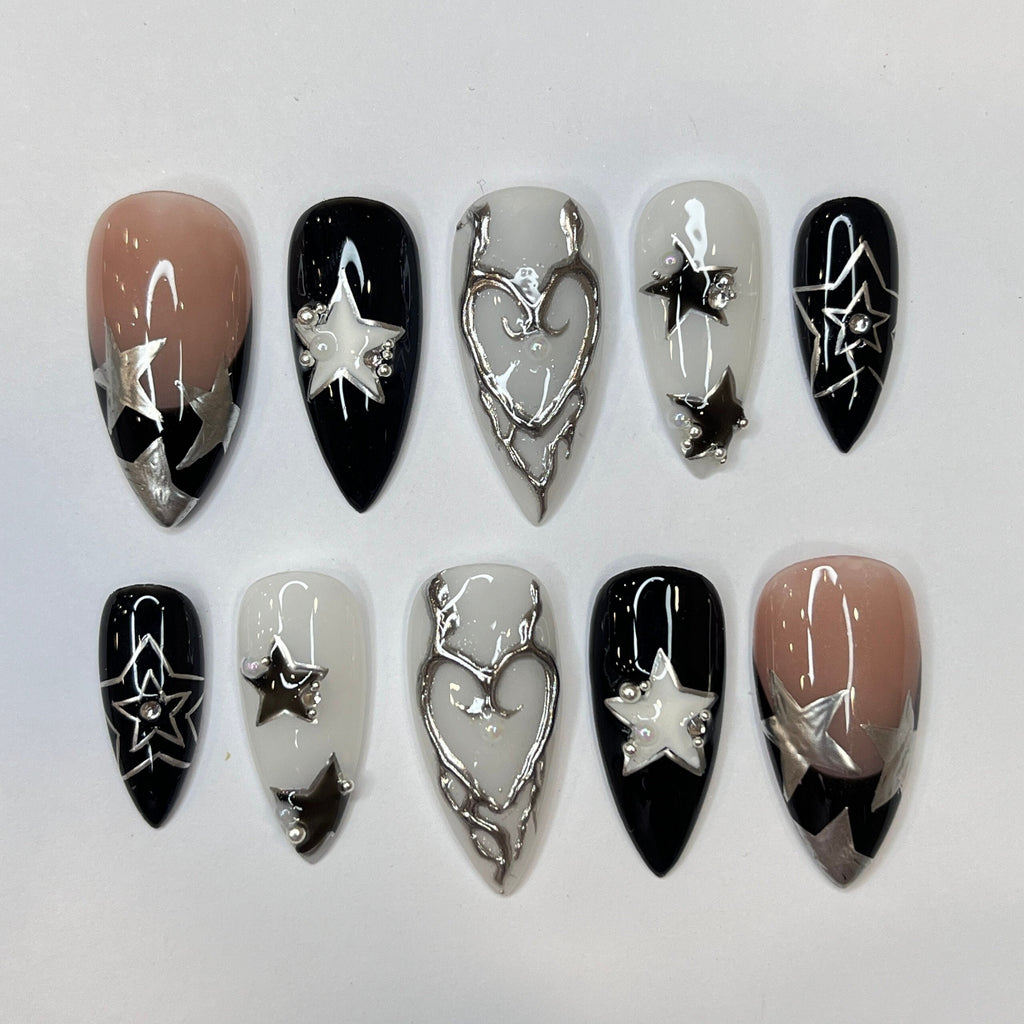 Freestyle Silver Stars Press On Nails, Elegant Fake Nails, Chrome Nails Art, Birthday Party Holiday Nails/ Valentine Nail Set