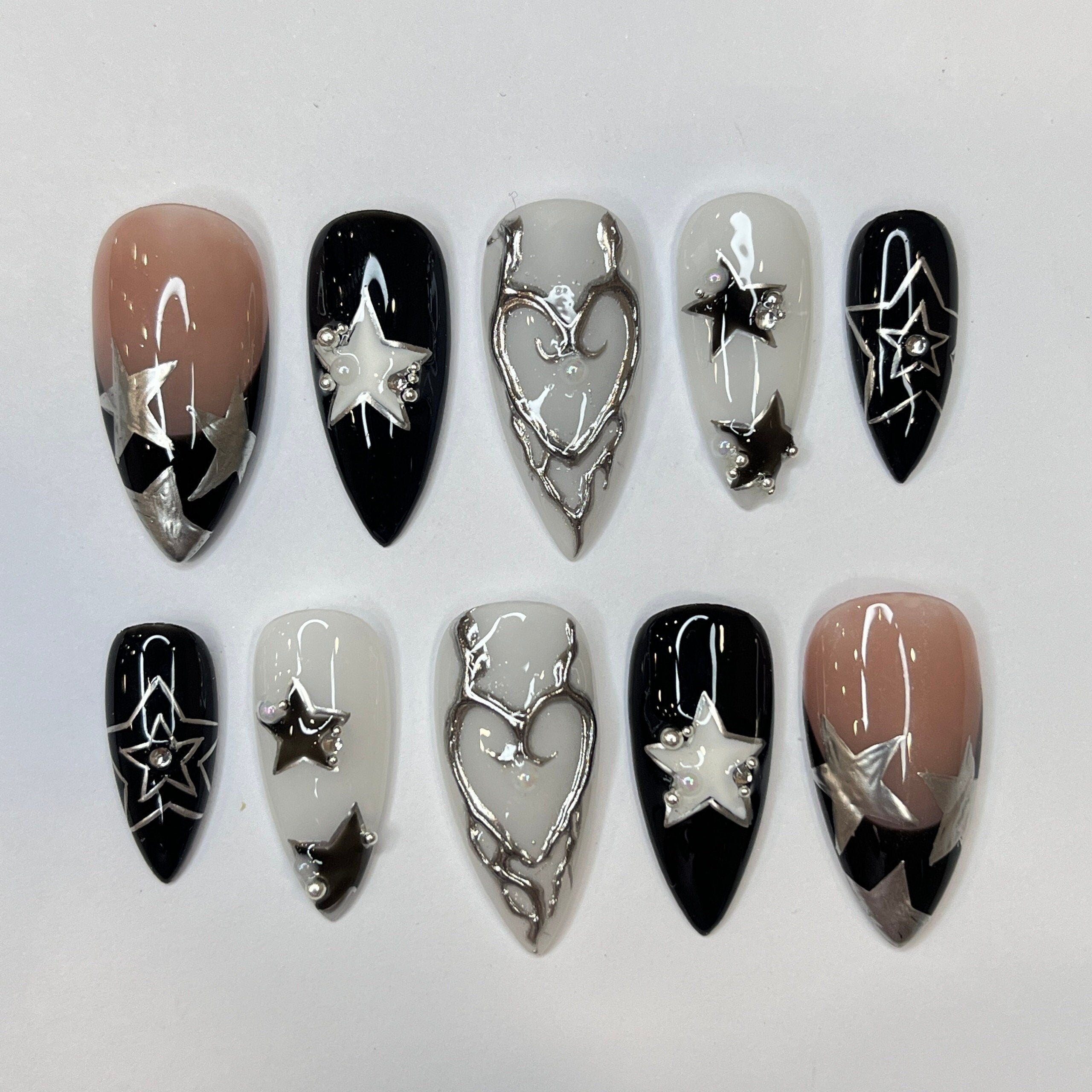 Freestyle Silver Stars Press On Nails, Elegant Fake Nails, Chrome Nails Art, Birthday Party Holiday Nails/ Valentine Nail Set
