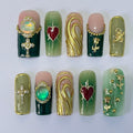Green Royal Theme Medium Square Press On Nail - Luxurious 3D Chrome Nail Art for Holiday, Birthday