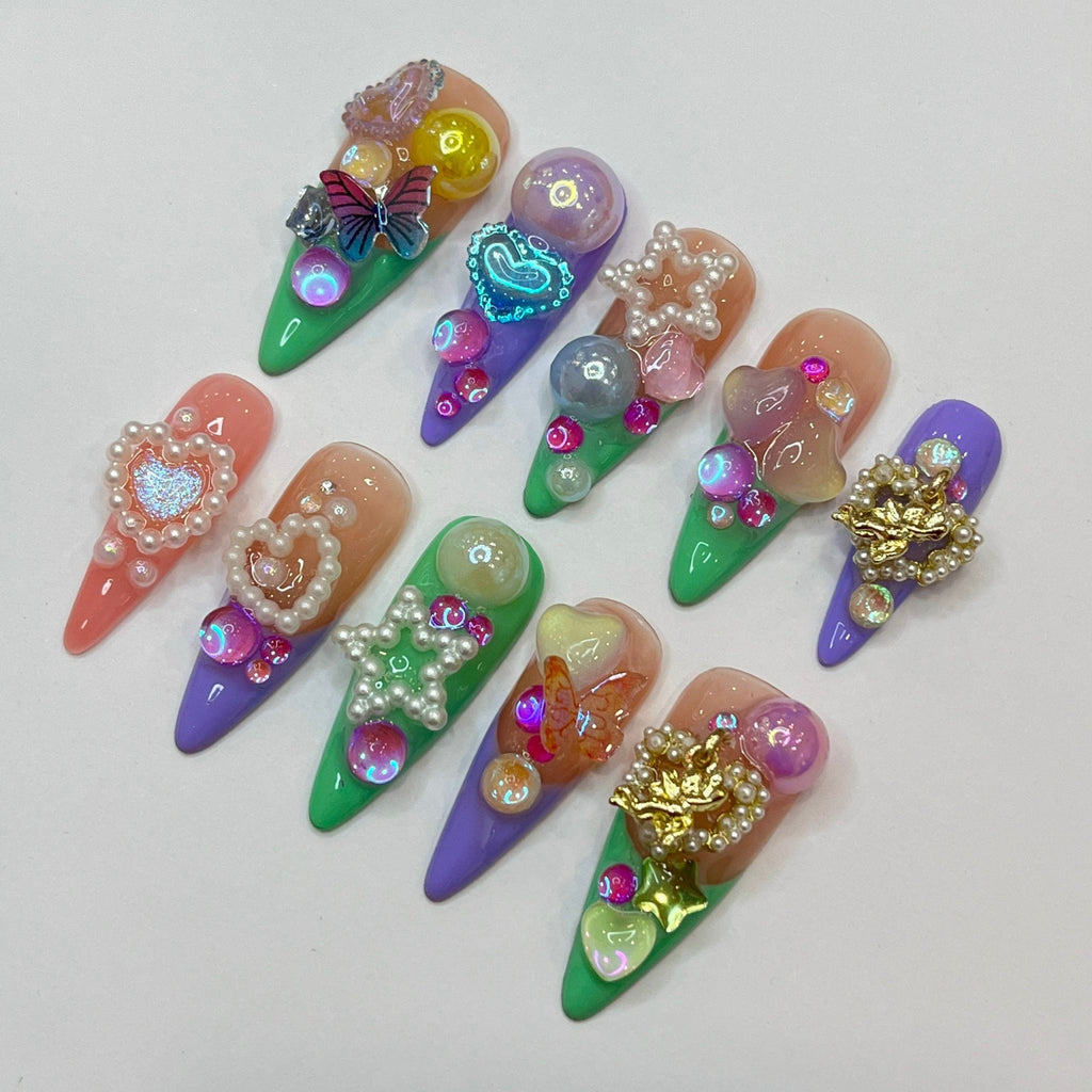 Colorful Super Cute Chunky Style Long Almond Press On Nails, Kawaii False Nails, Anime Nails Art for Birthday, Holiday