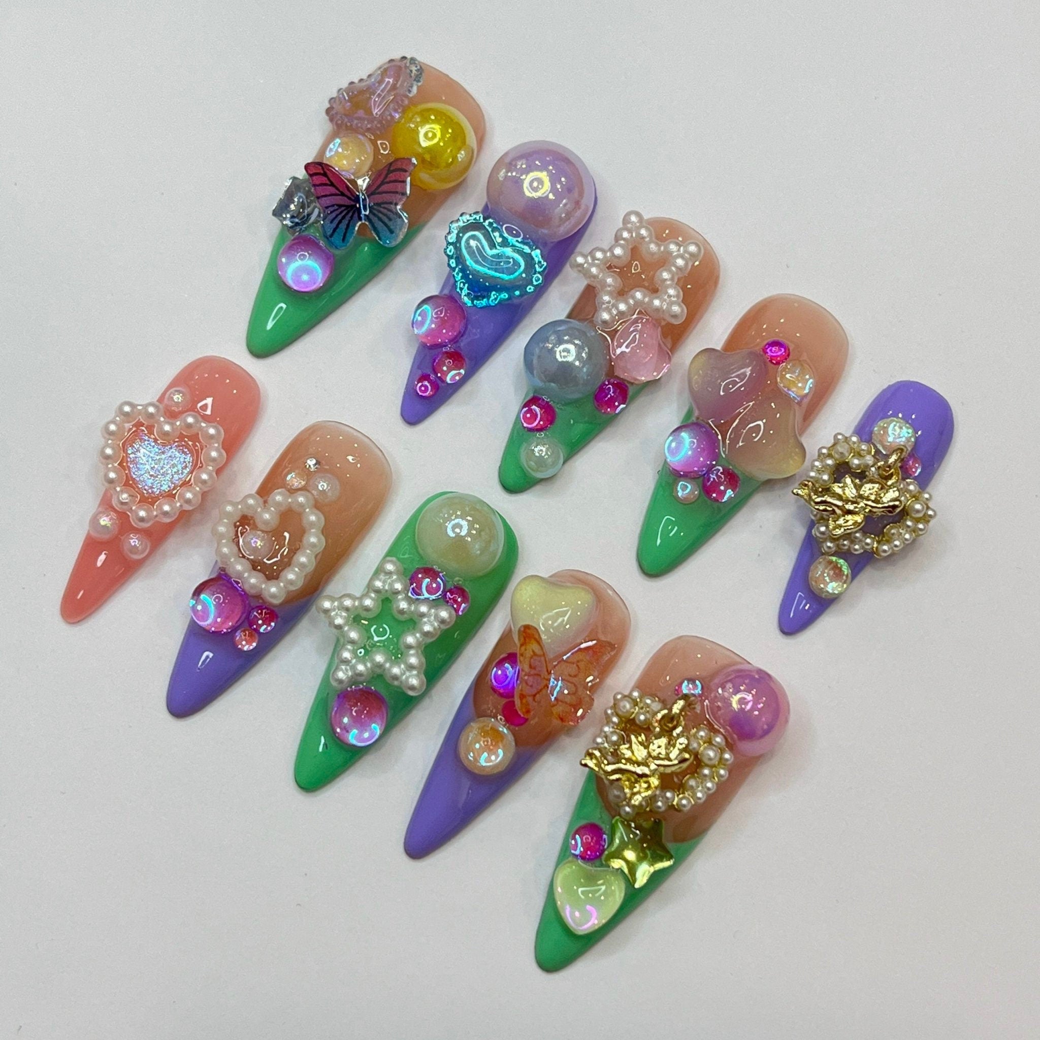 Colorful Super Cute Chunky Style Long Almond Press On Nails, Kawaii False Nails, Anime Nails Art for Birthday, Holiday