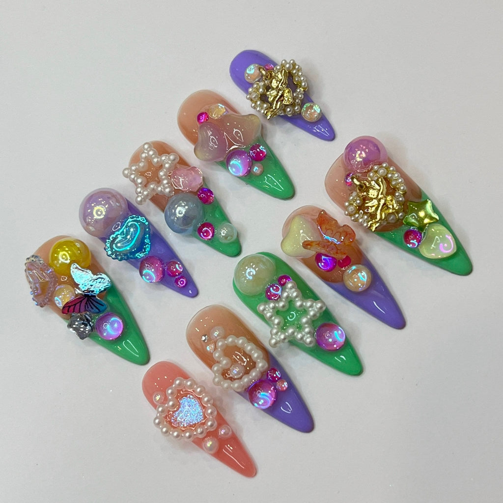 Colorful Super Cute Chunky Style Long Almond Press On Nails, Kawaii False Nails, Anime Nails Art for Birthday, Holiday