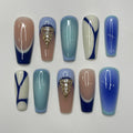 Handpainted Blue Inspired Medium Square Press On Nails, False Nails Nails Art for Birthday, Holiday, Gifts for Her