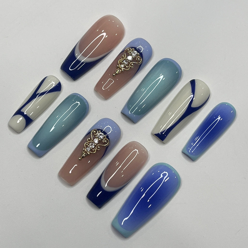 Handpainted Blue Inspired Medium Square Press On Nails, False Nails Nails Art for Birthday, Holiday, Gifts for Her