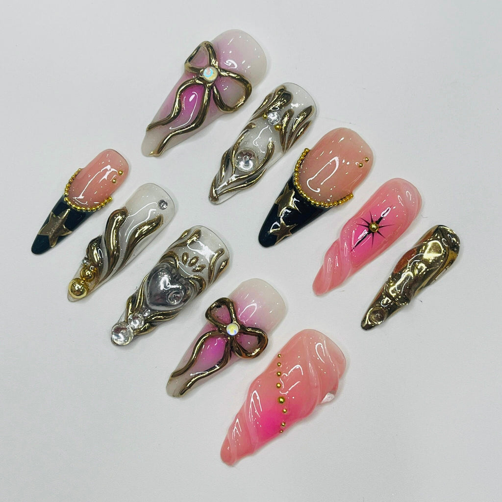 Love Fairy Blush Theme Long Almond Flowers Press On Nails, Fairy Tale Inspired Fake Nails, Birthday Holiday Nails Art, Gifts for Her
