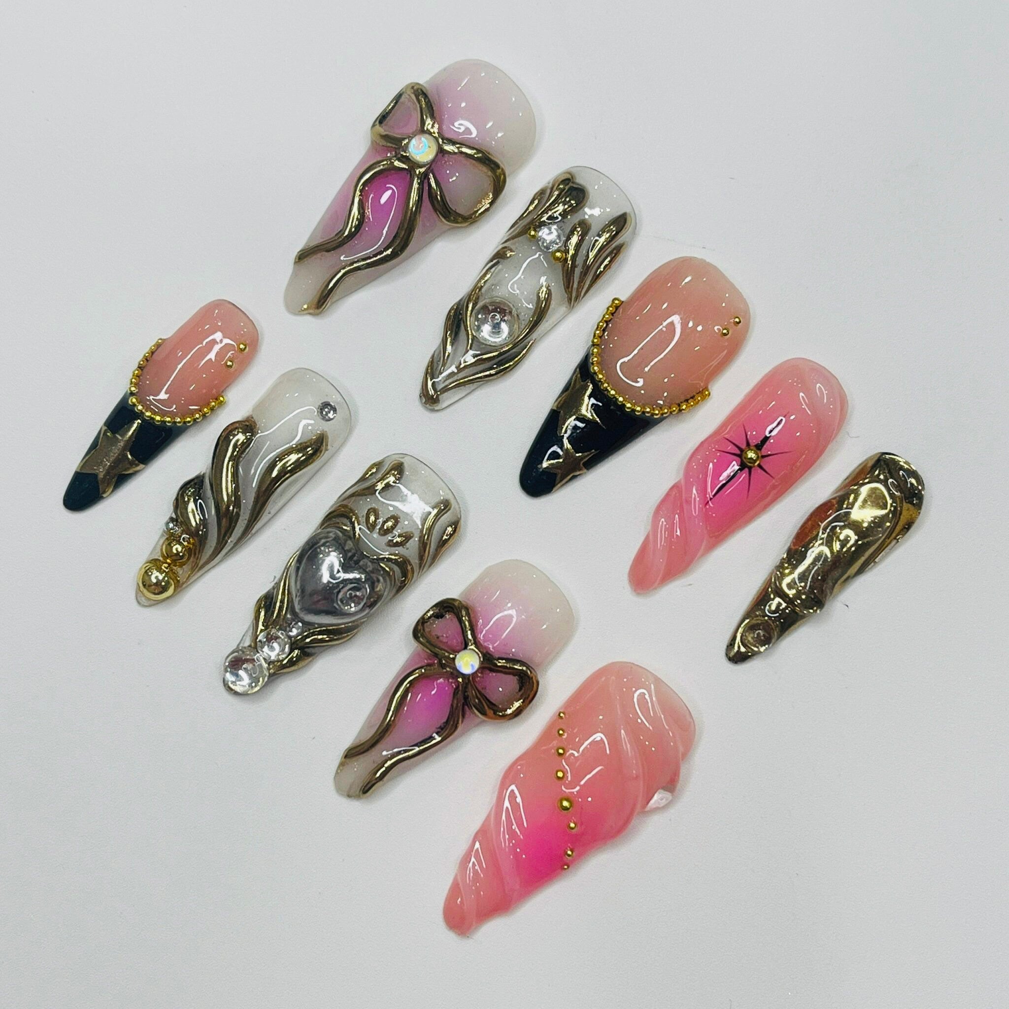 Love Fairy Blush Theme Long Almond Flowers Press On Nails, Fairy Tale Inspired Fake Nails, Birthday Holiday Nails Art, Gifts for Her