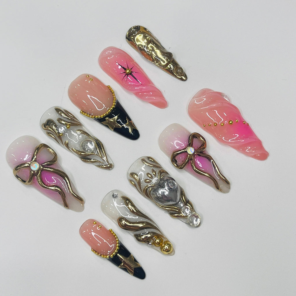 Love Fairy Blush Theme Long Almond Flowers Press On Nails, Fairy Tale Inspired Fake Nails, Birthday Holiday Nails Art, Gifts for Her
