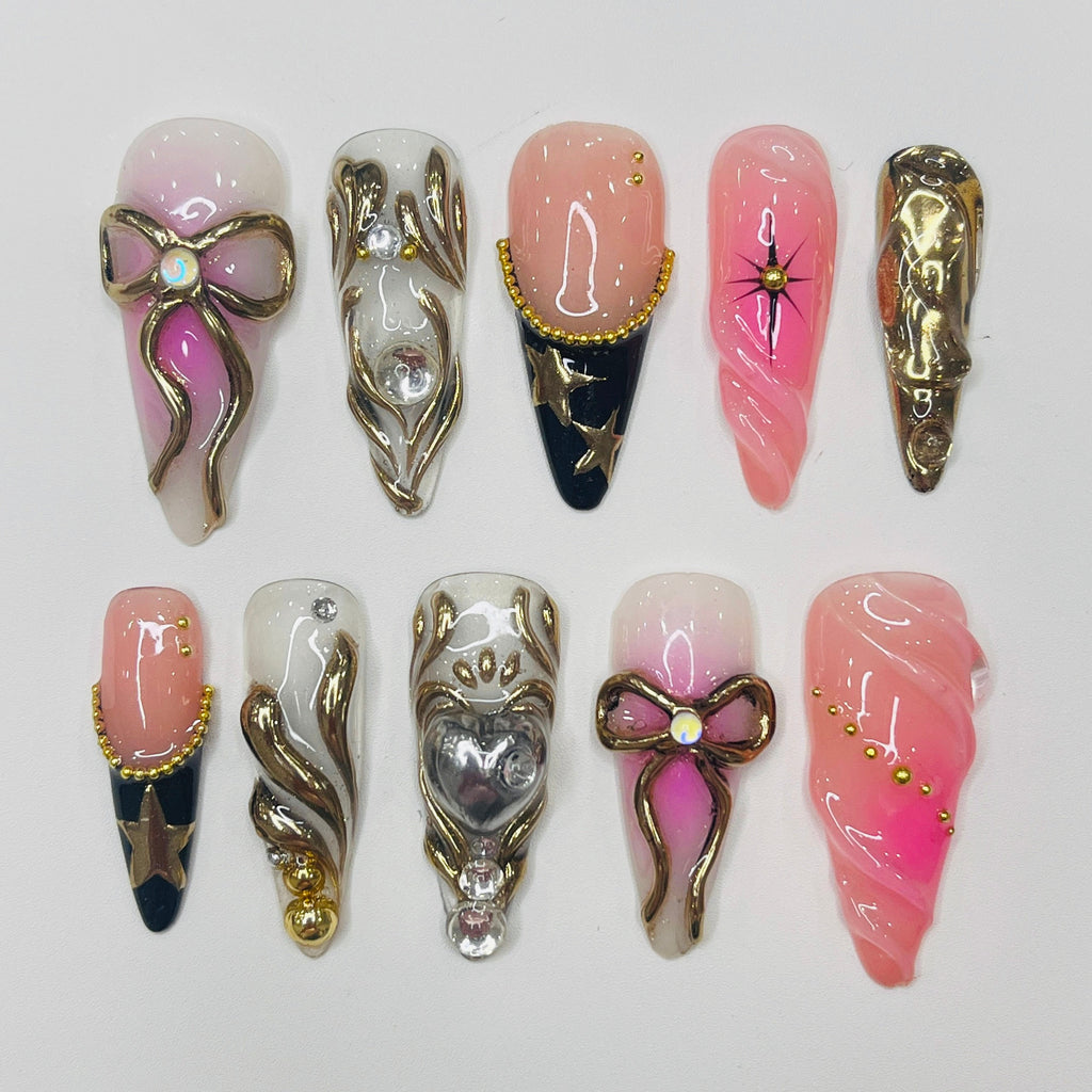 Love Fairy Blush Theme Long Almond Flowers Press On Nails, Fairy Tale Inspired Fake Nails, Birthday Holiday Nails Art, Gifts for Her