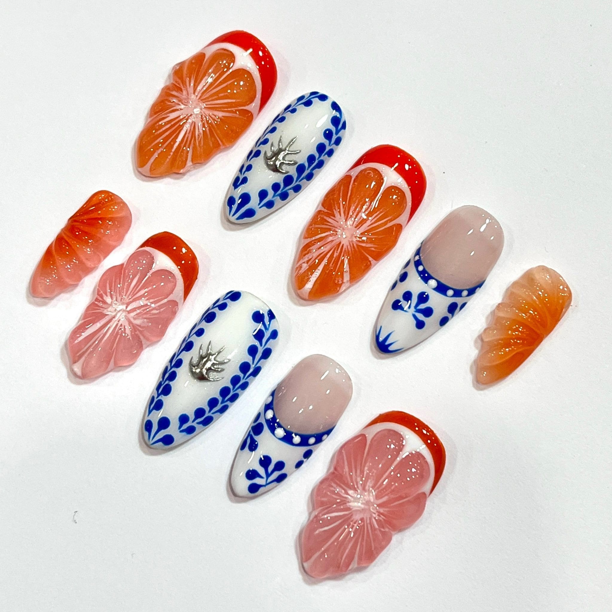 Free Style Summer Fruit Almond Press On Nails, Handmade Fake Nails Nails, Unique Nails for Birthday Event Photograph Holiday Birthday