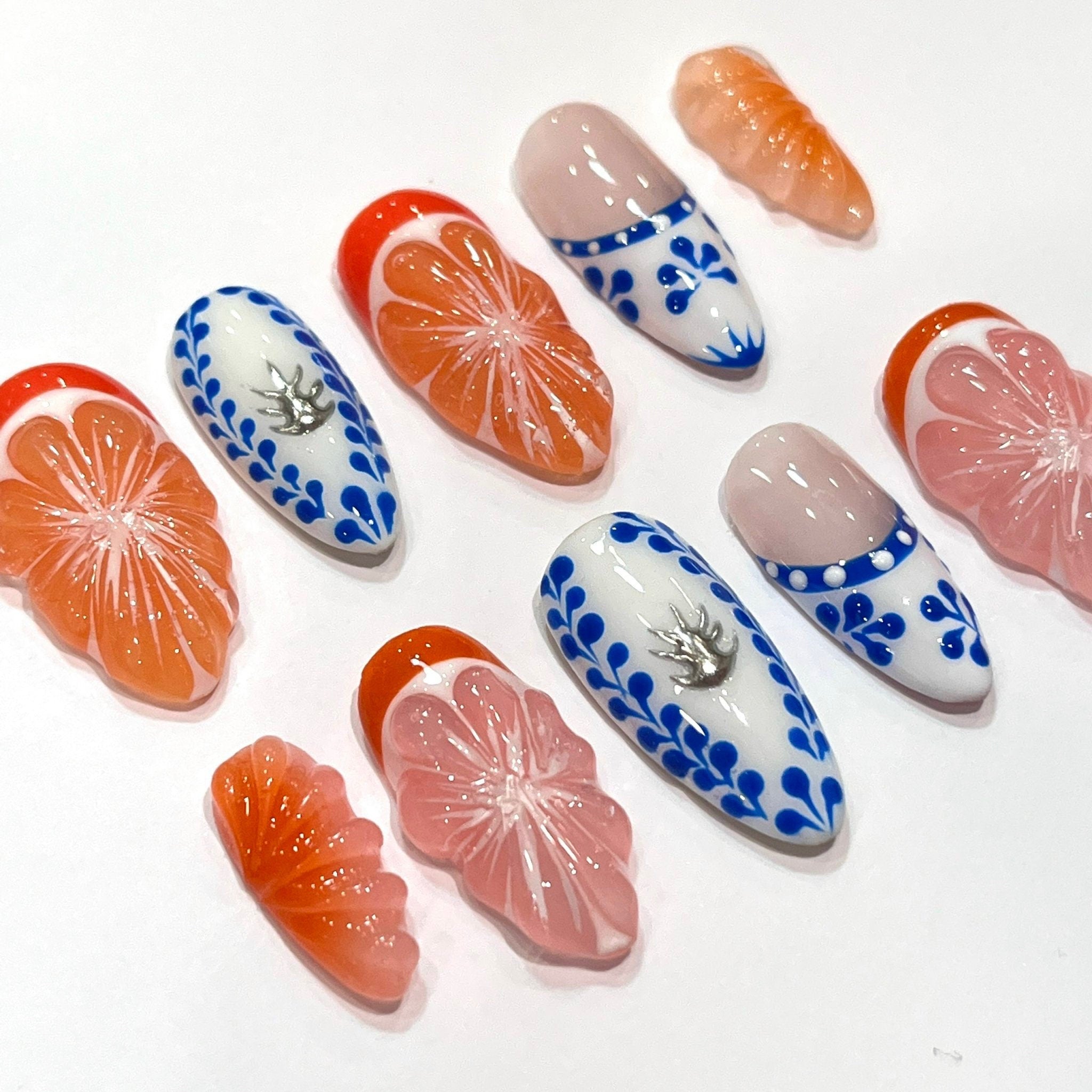 Free Style Summer Fruit Almond Press On Nails, Handmade Fake Nails Nails, Unique Nails for Birthday Event Photograph Holiday Birthday