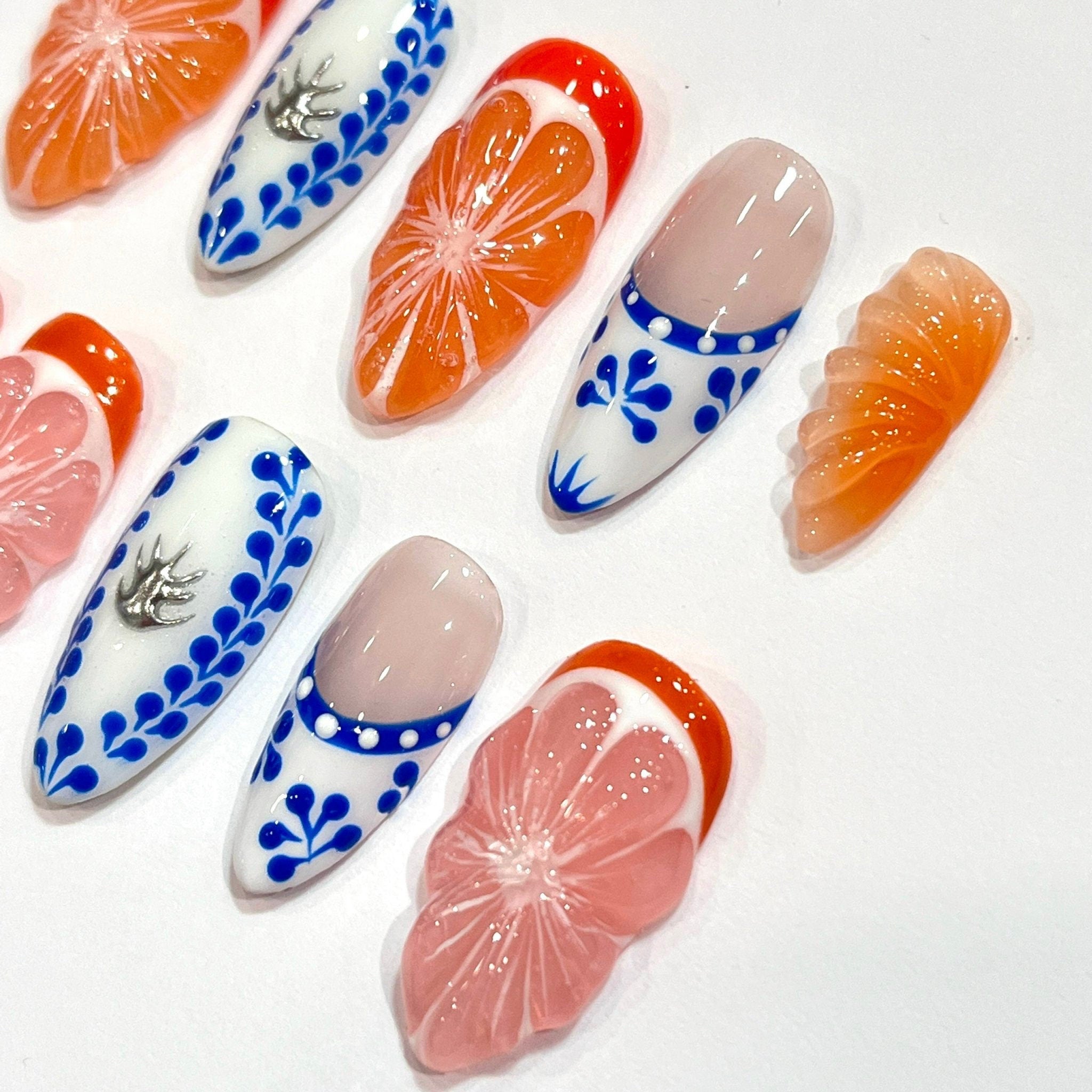 Free Style Summer Fruit Almond Press On Nails, Handmade Fake Nails Nails, Unique Nails for Birthday Event Photograph Holiday Birthday