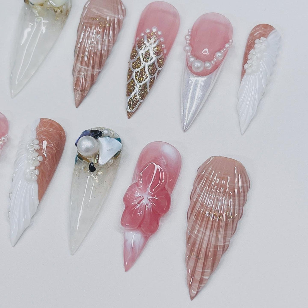 Beach Holiday Summer Vibe Long Stiletto Press On Nail, Custom Handpainted Acrylic Summer, Spring False Nail, Mermaid Nails