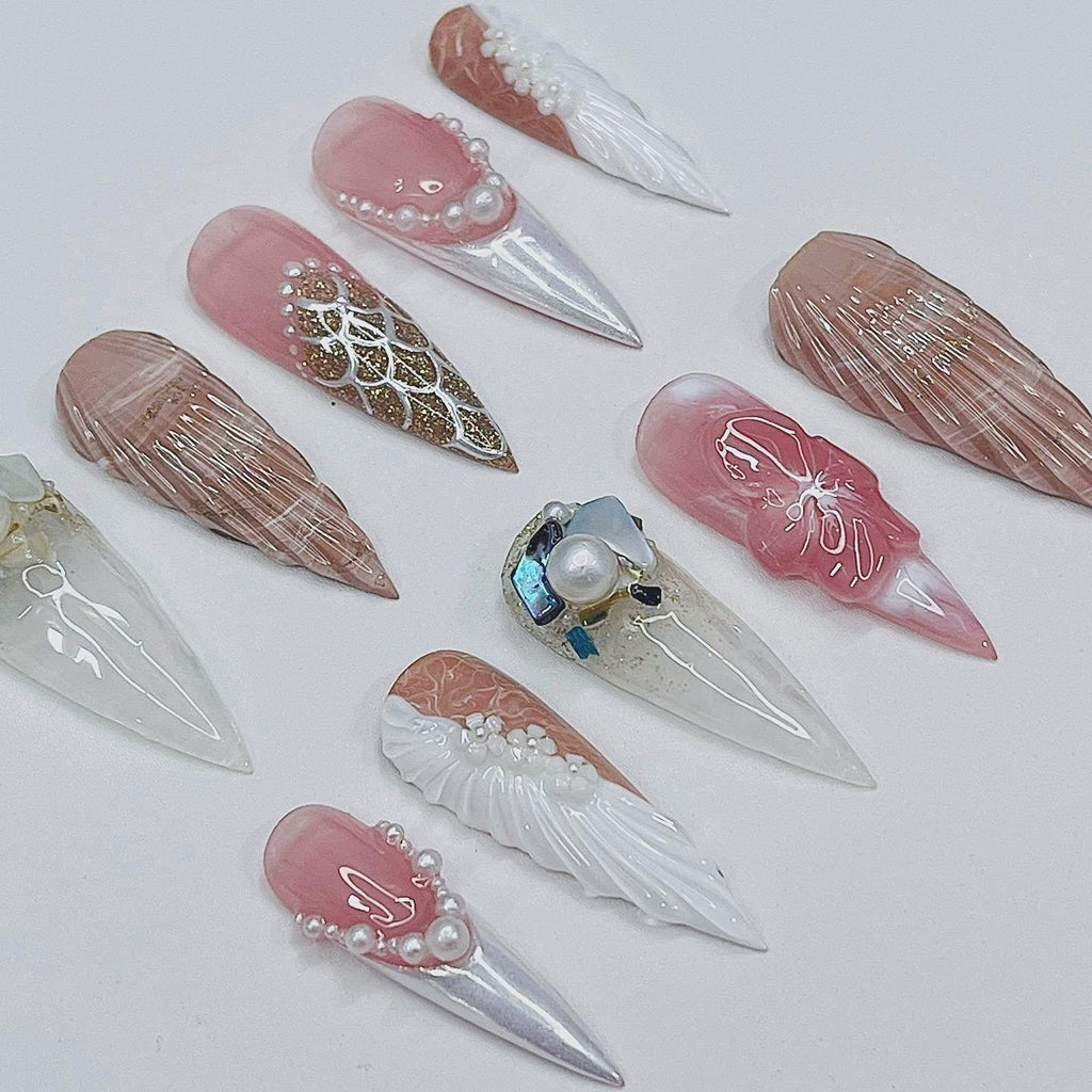 Beach Holiday Summer Vibe Long Stiletto Press On Nail, Custom Handpainted Acrylic Summer, Spring False Nail, Mermaid Nails