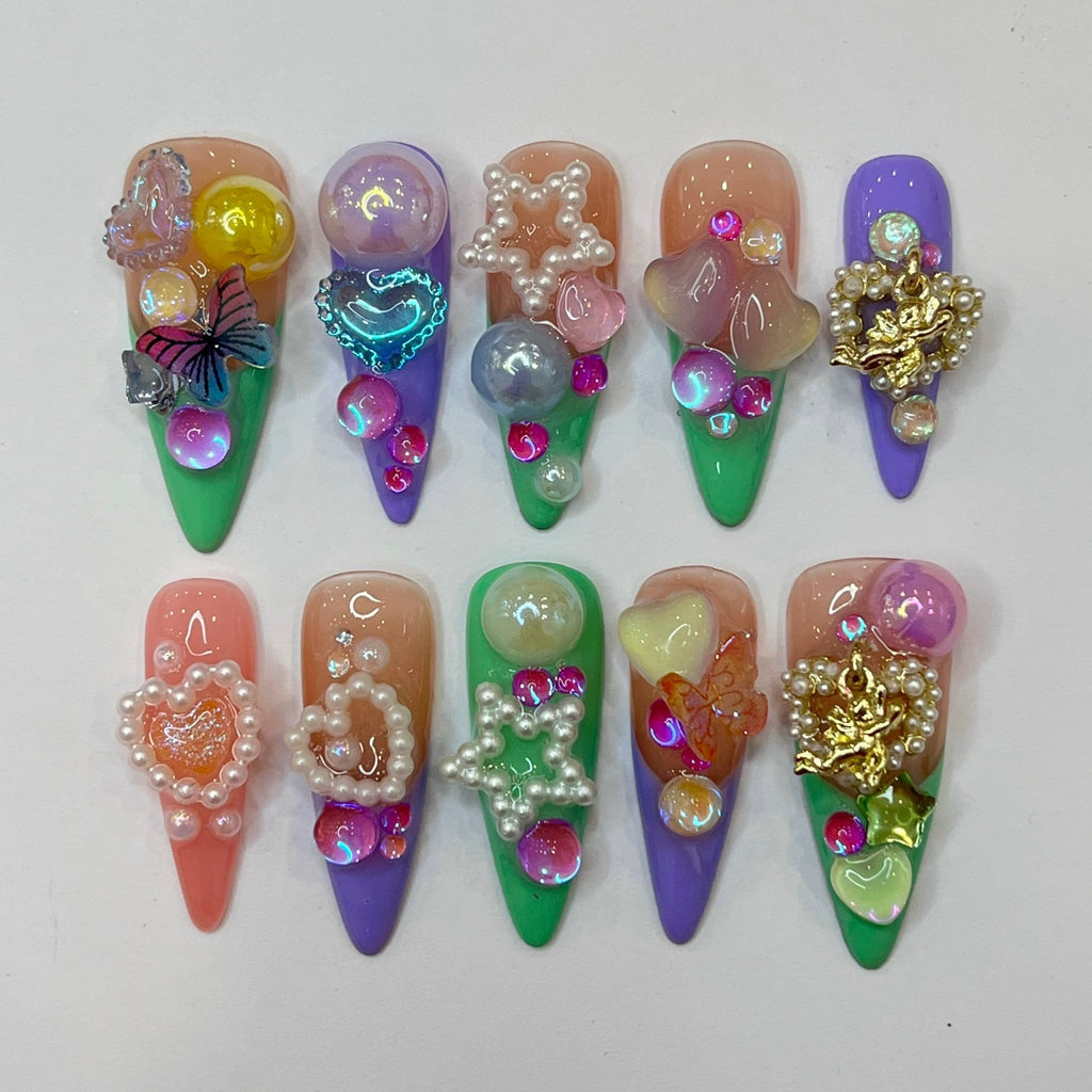 Colorful Super Cute Chunky Style Long Almond Press On Nails, Kawaii False Nails, Anime Nails Art for Birthday, Holiday