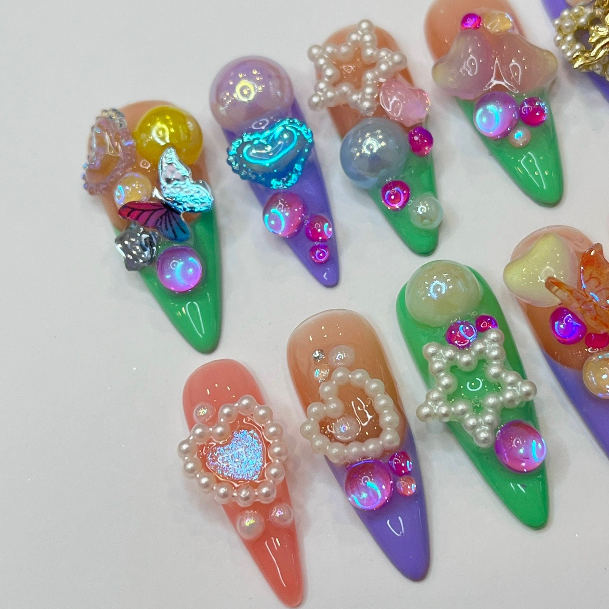 Colorful Super Cute Chunky Style Long Almond Press On Nails, Kawaii False Nails, Anime Nails Art for Birthday, Holiday
