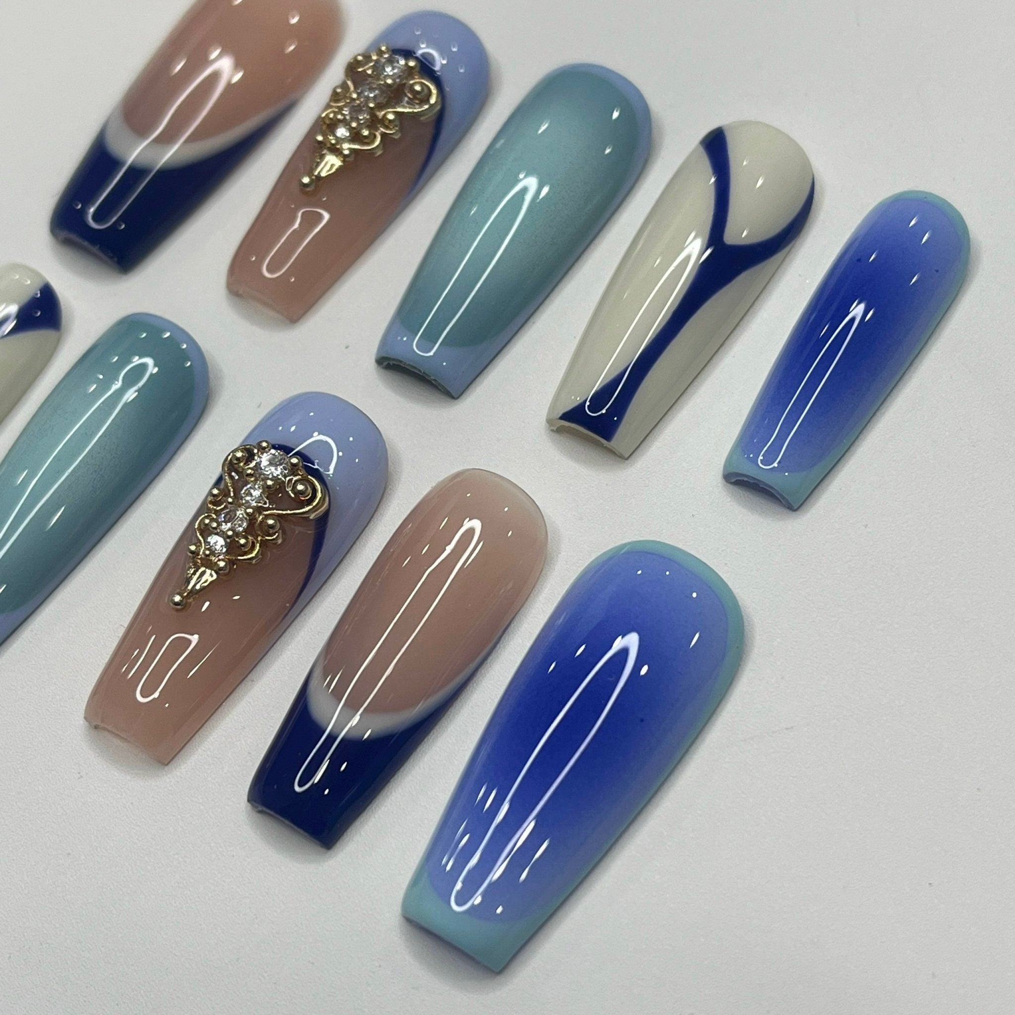 Handpainted Blue Inspired Medium Square Press On Nails, False Nails Nails Art for Birthday, Holiday, Gifts for Her