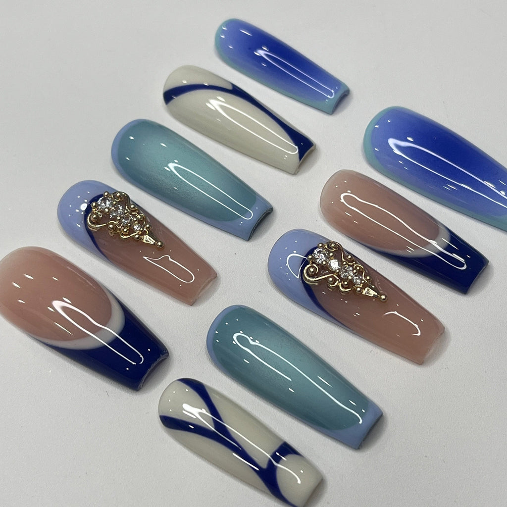 Handpainted Blue Inspired Medium Square Press On Nails, False Nails Nails Art for Birthday, Holiday, Gifts for Her