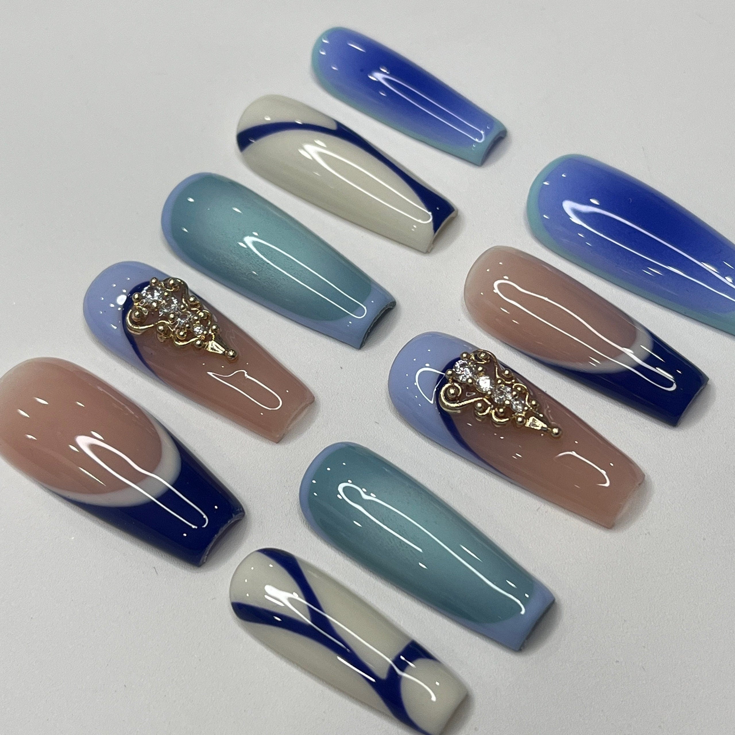 Handpainted Blue Inspired Medium Square Press On Nails, False Nails Nails Art for Birthday, Holiday, Gifts for Her