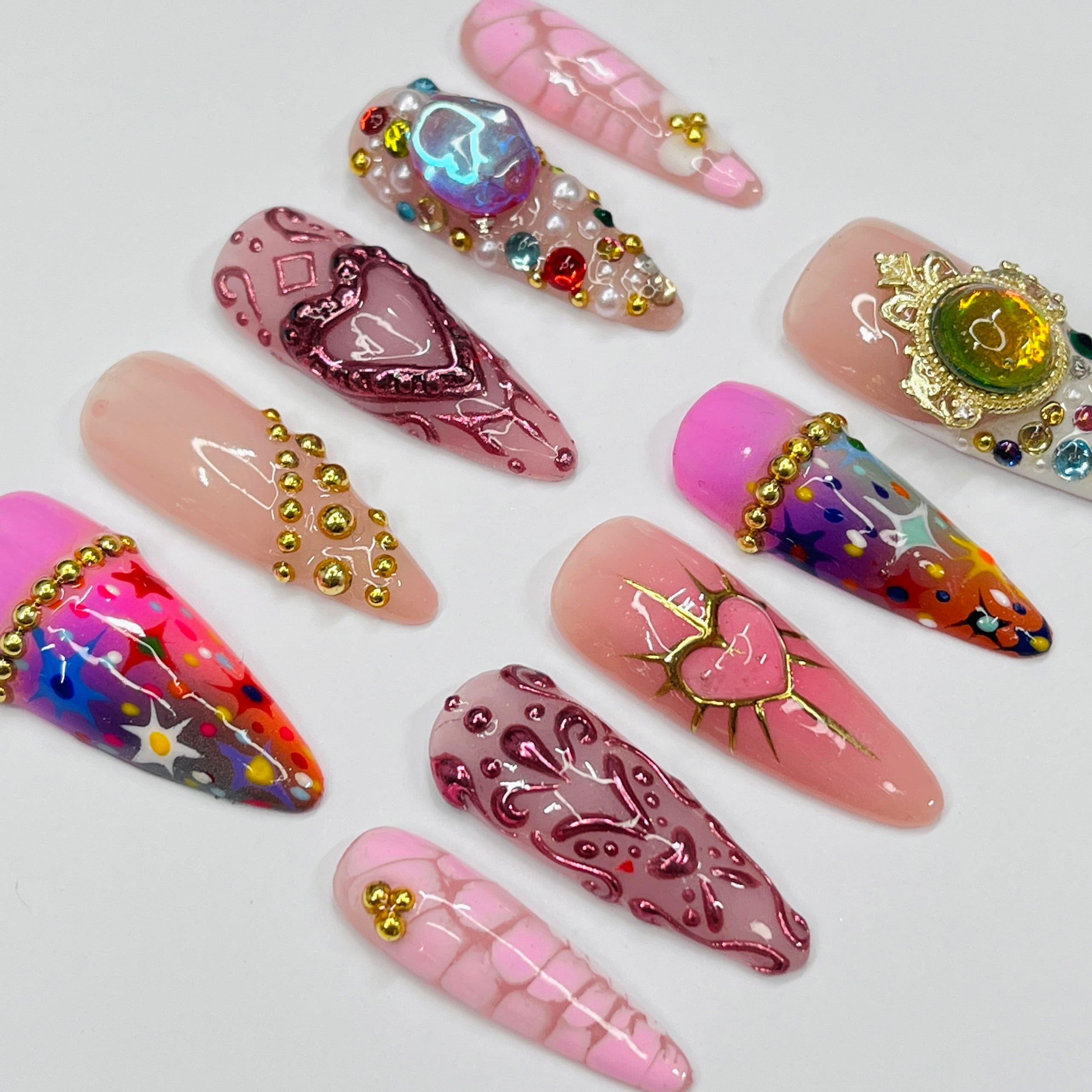Royal Jelly Long Almond Press On Nails, Handmade Fake Nails, Unique Nails for Birthday Event Photograph Holiday Birthday Vacation