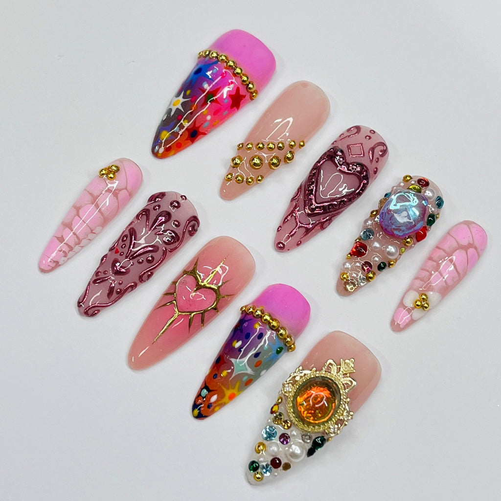 Royal Jelly Long Almond Press On Nails, Handmade Fake Nails, Unique Nails for Birthday Event Photograph Holiday Birthday Vacation