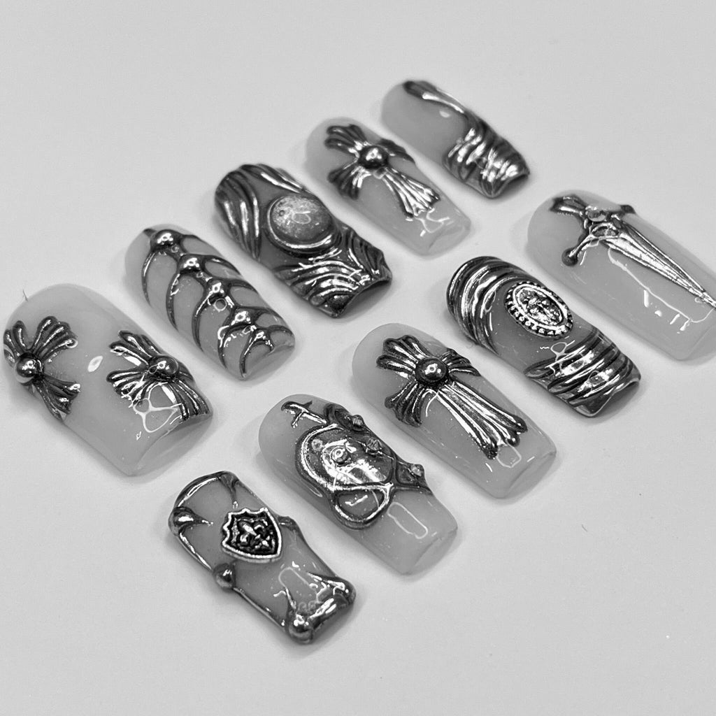 Chrome Armor Press On Nails, Handmade 3D False Nails, Edgy Nails for Birthday Party Holiday,Vacation , Gift for Her