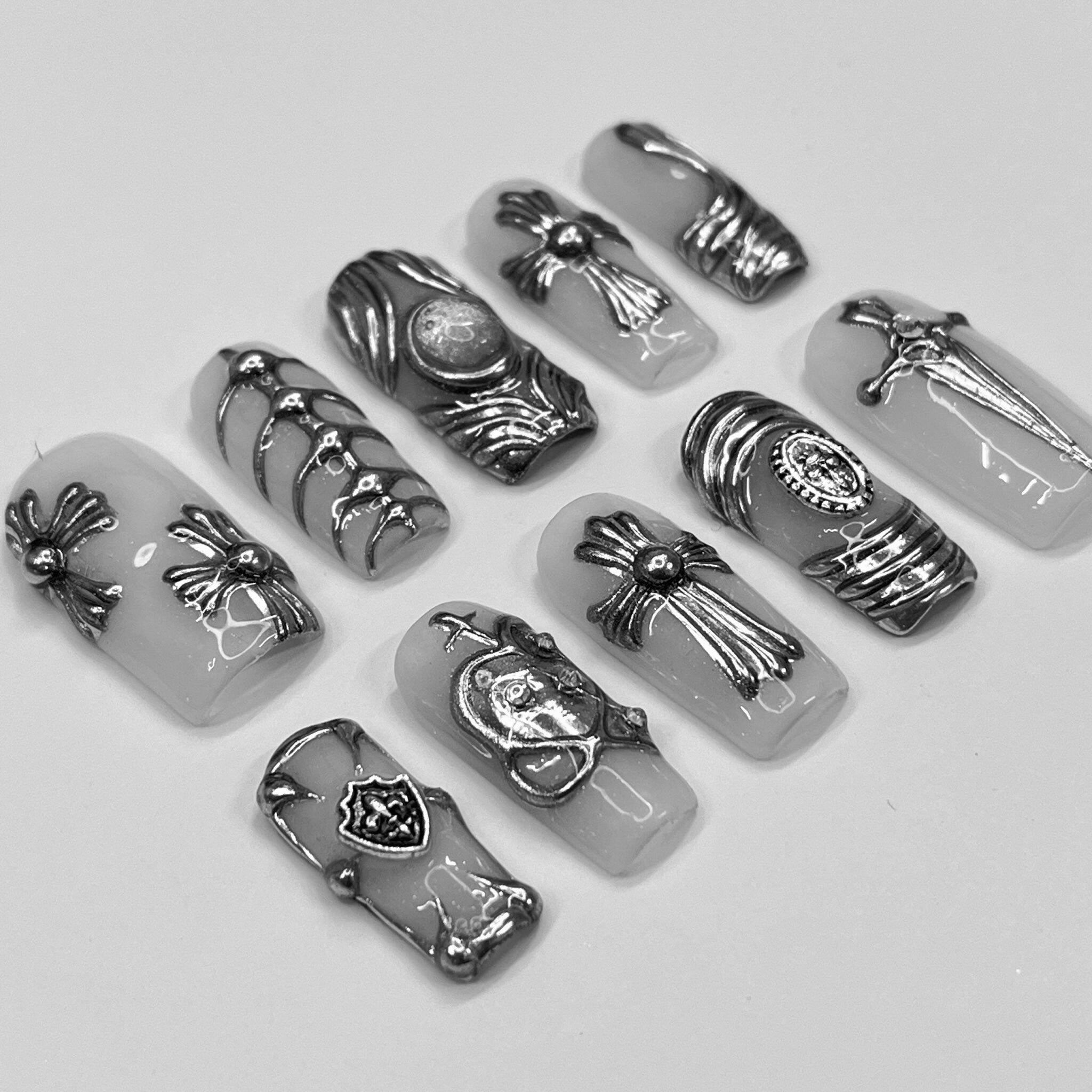 Chrome Armor Press On Nails, Handmade 3D False Nails, Edgy Nails for Birthday Party Holiday,Vacation , Gift for Her