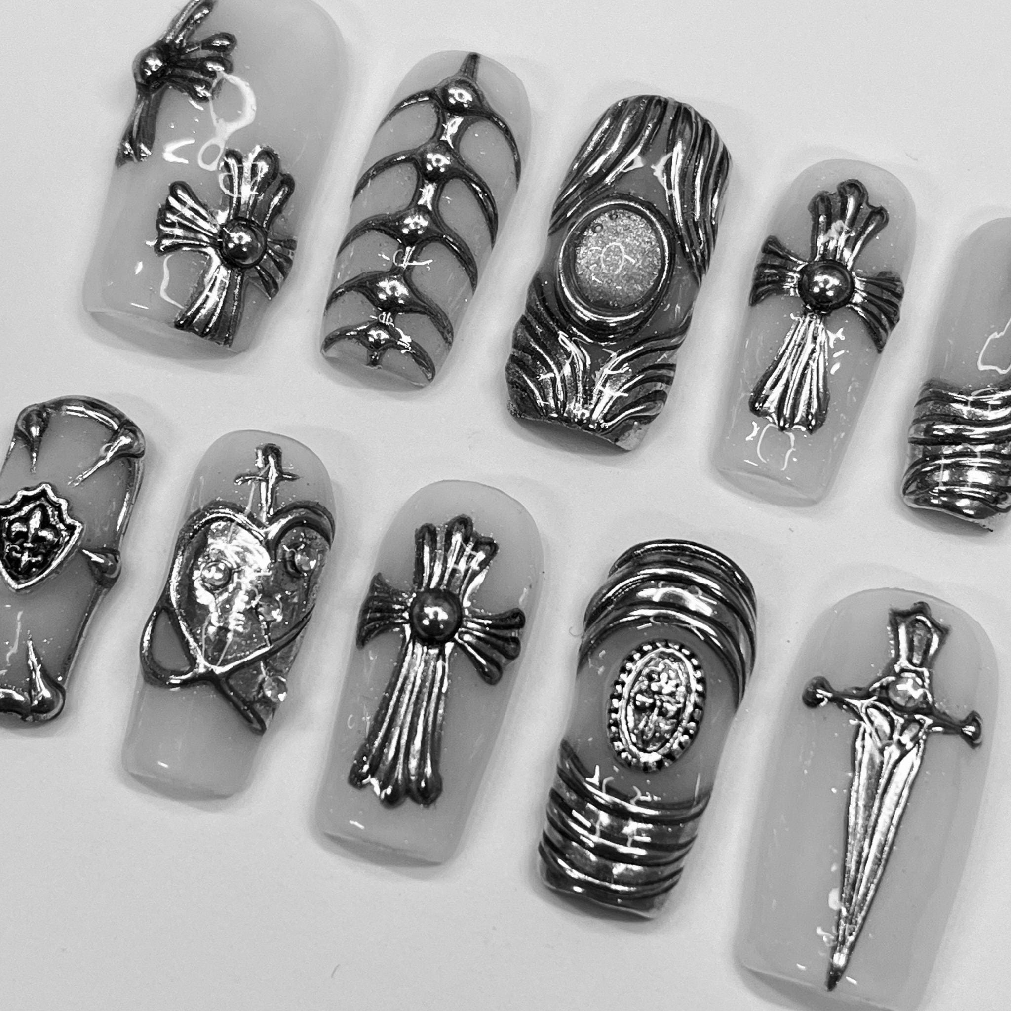 Chrome Armor Press On Nails, Handmade 3D False Nails, Edgy Nails for Birthday Party Holiday,Vacation , Gift for Her