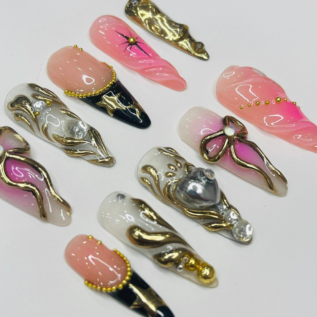 Love Fairy Blush Theme Long Almond Flowers Press On Nails, Fairy Tale Inspired Fake Nails, Birthday Holiday Nails Art, Gifts for Her