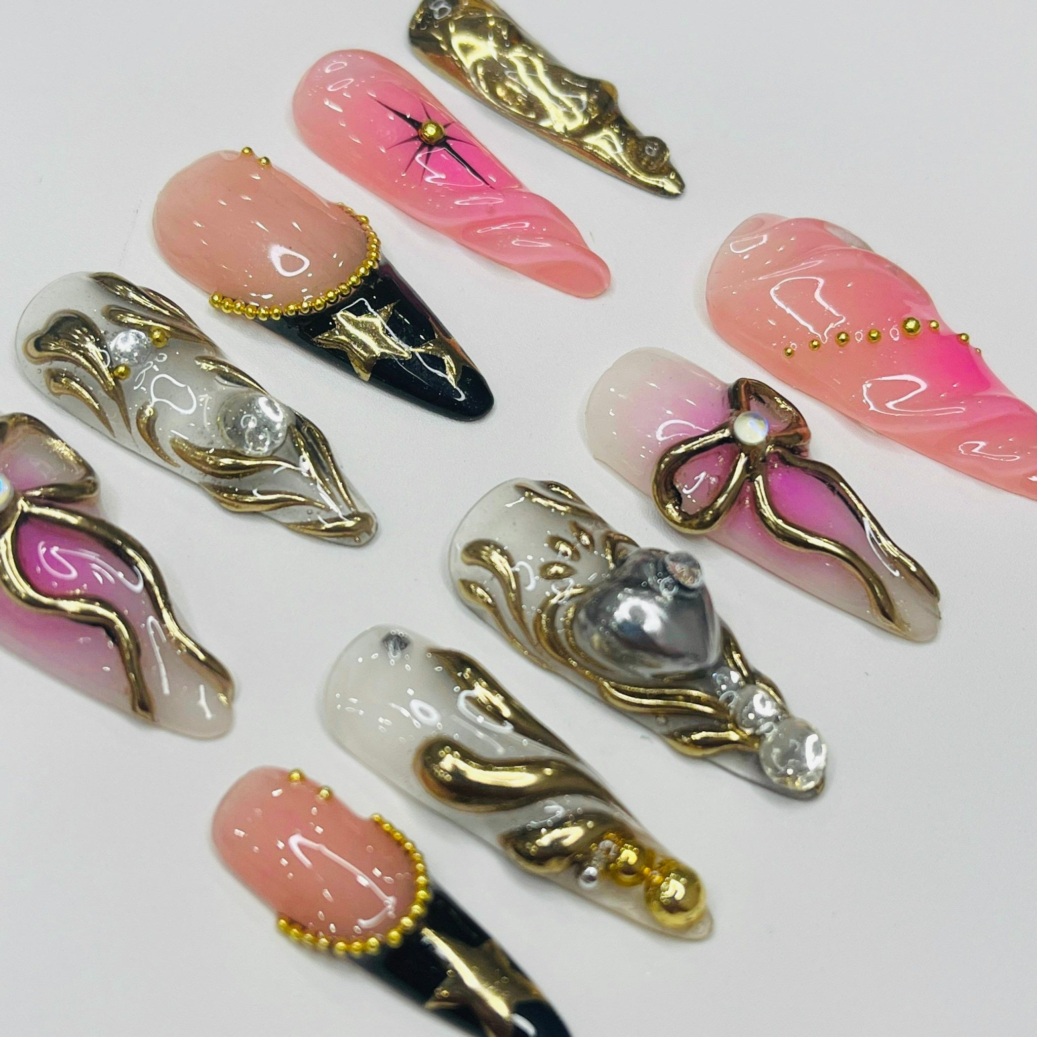 Love Fairy Blush Theme Long Almond Flowers Press On Nails, Fairy Tale Inspired Fake Nails, Birthday Holiday Nails Art, Gifts for Her