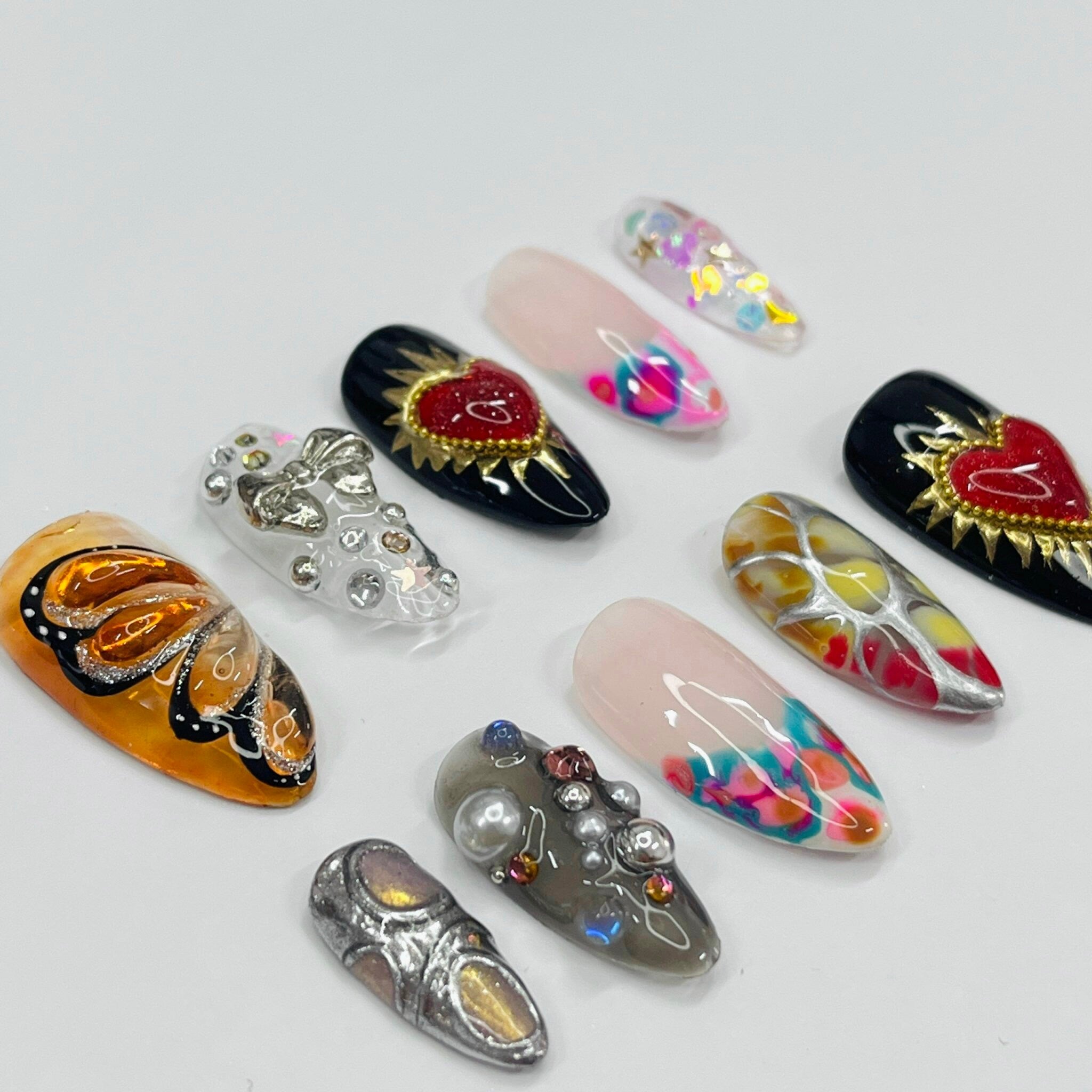 Spring Color Freestyle Medium Almond Press On Nails, Handpainted Fake/False Nails, Prom/Event/Birthday/ Vacation Nails