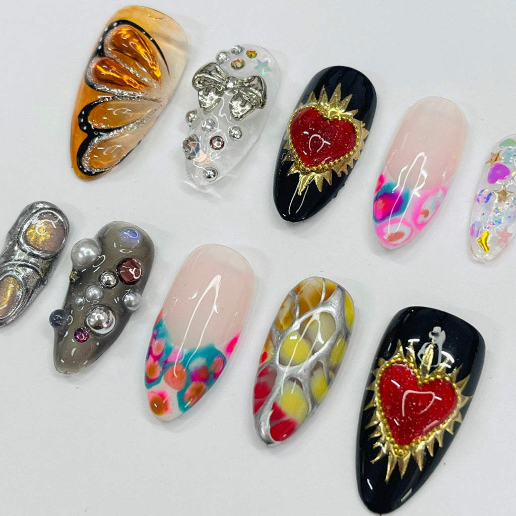 Spring Color Freestyle Medium Almond Press On Nails, Handpainted Fake/False Nails, Prom/Event/Birthday/ Vacation Nails