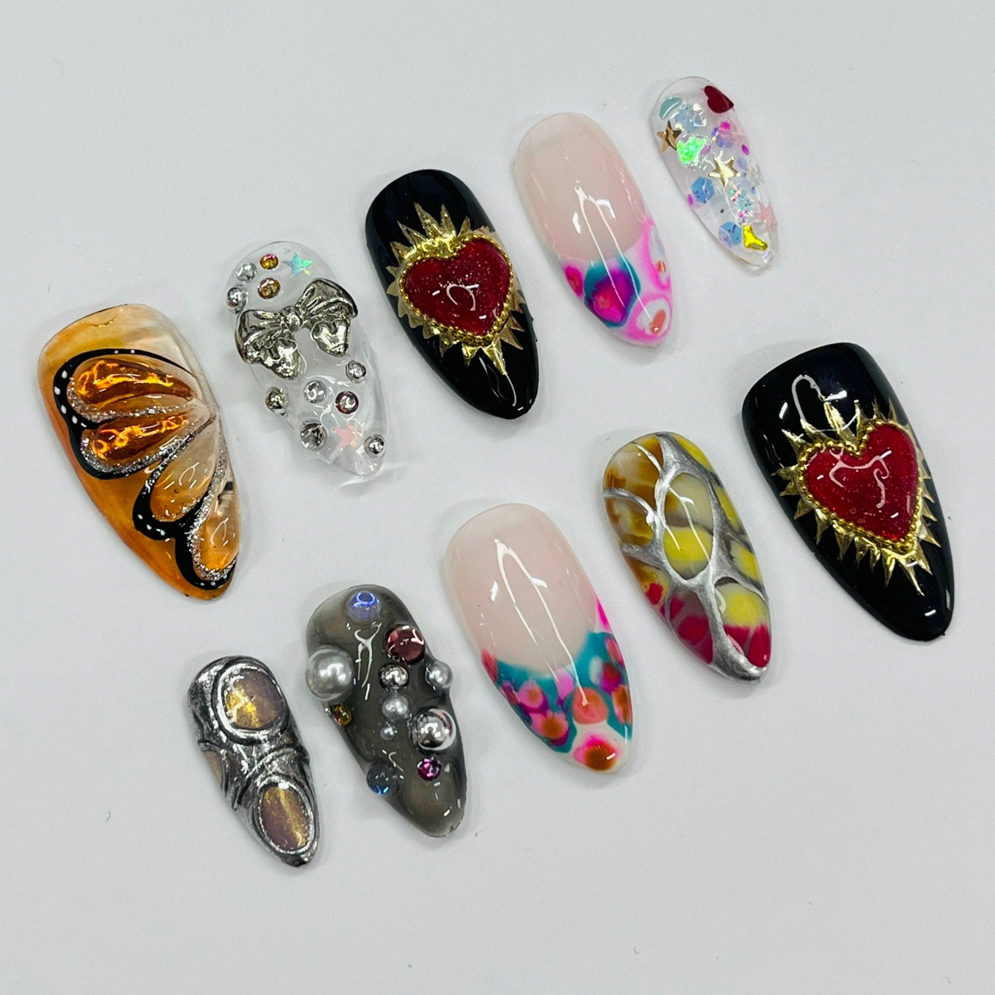 Spring Color Freestyle Medium Almond Press On Nails, Handpainted Fake/False Nails, Prom/Event/Birthday/ Vacation Nails