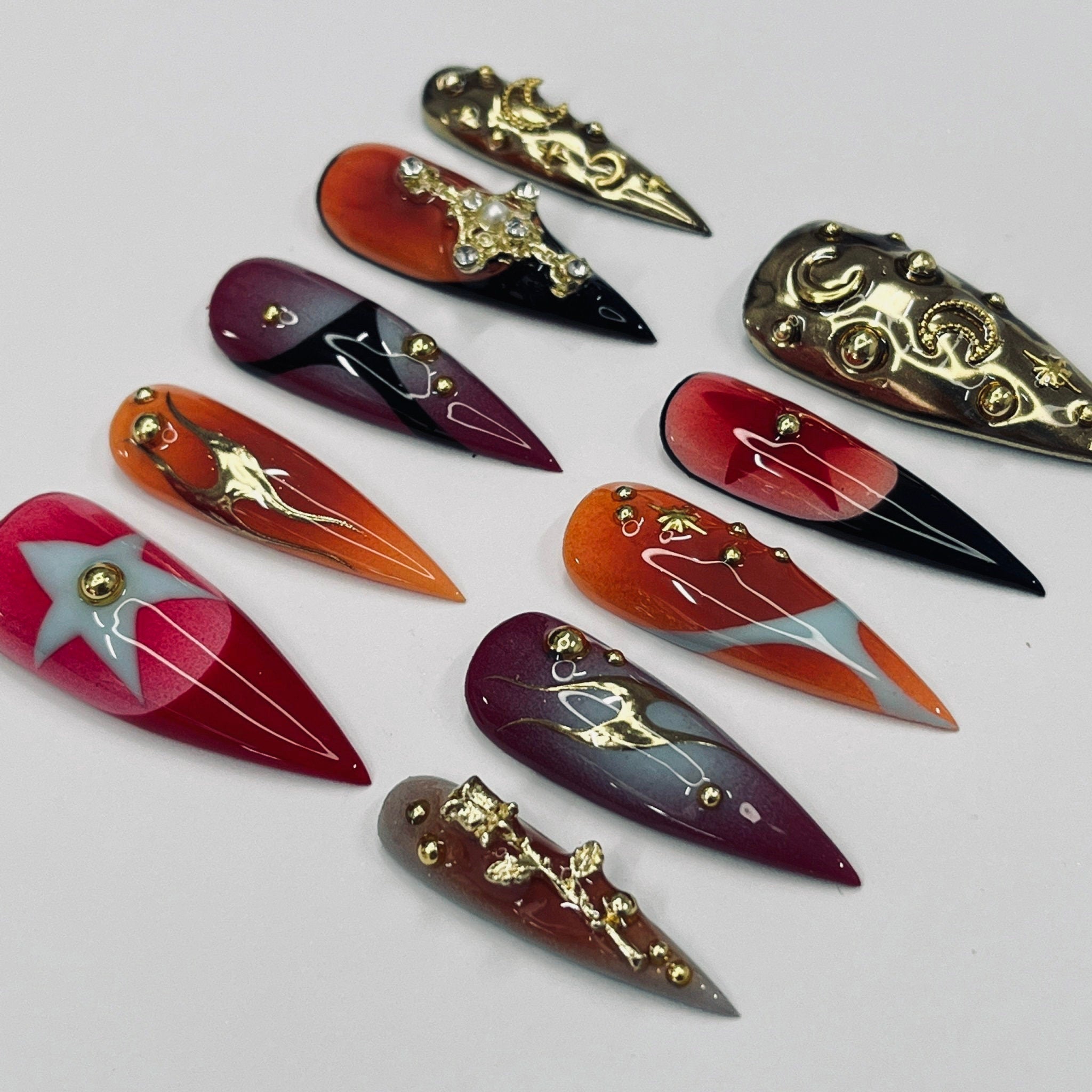 Bold Color Airbrush Long Stiletto Press On Nails, 3D Glam Goth False Nails for Birthday Event Party Holiday Vacation, Gifts for Her