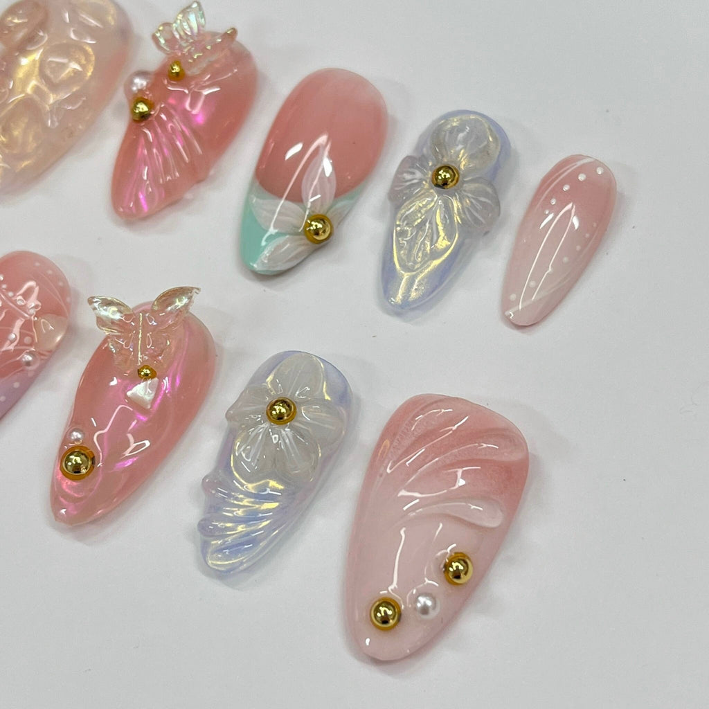 Cute 3D Flower & Butterfly Medium Almond Press On Nails, Handmade Gel False Nails for Birthday Event Party Holiday Vacation