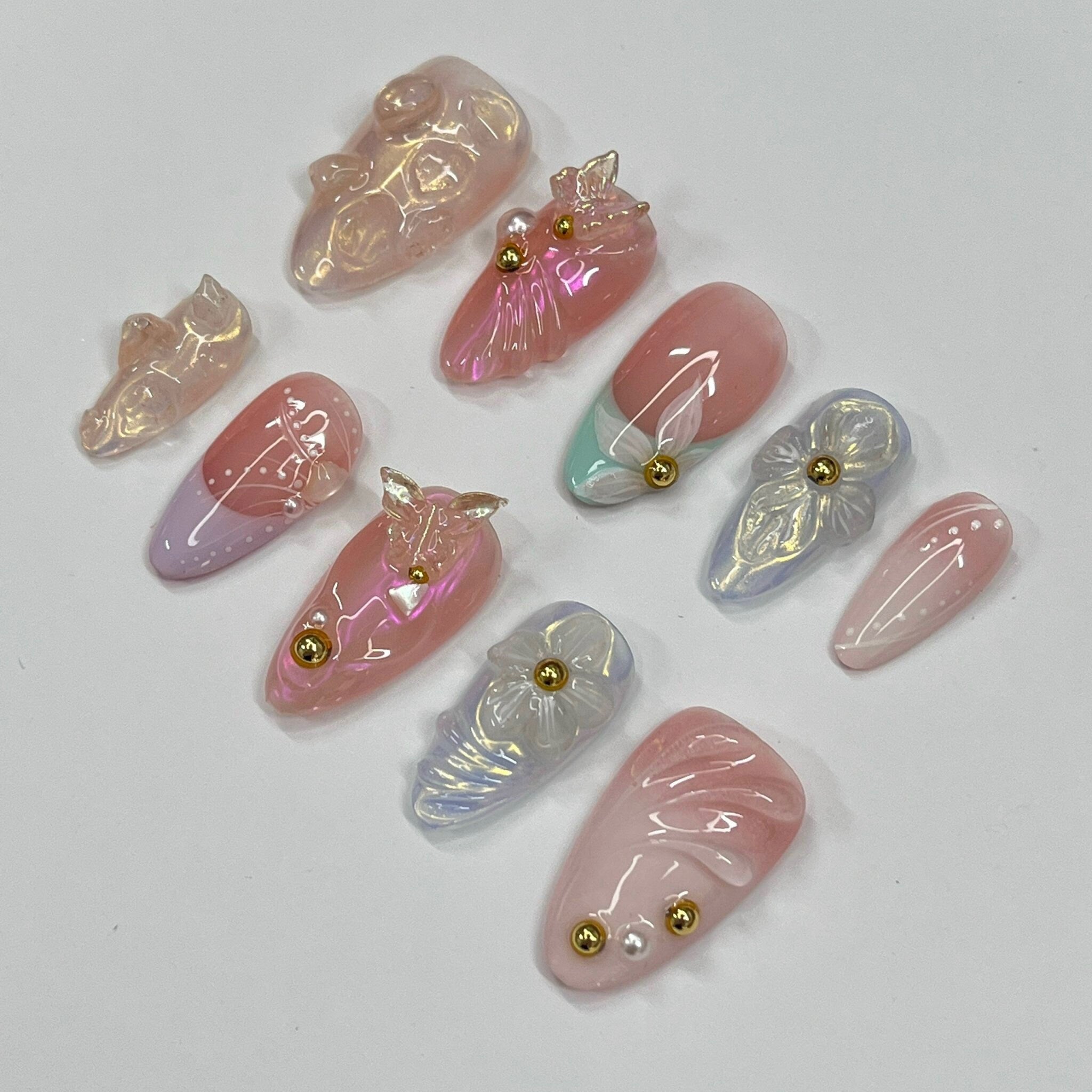 Cute 3D Flower & Butterfly Medium Almond Press On Nails, Handmade Gel False Nails for Birthday Event Party Holiday Vacation