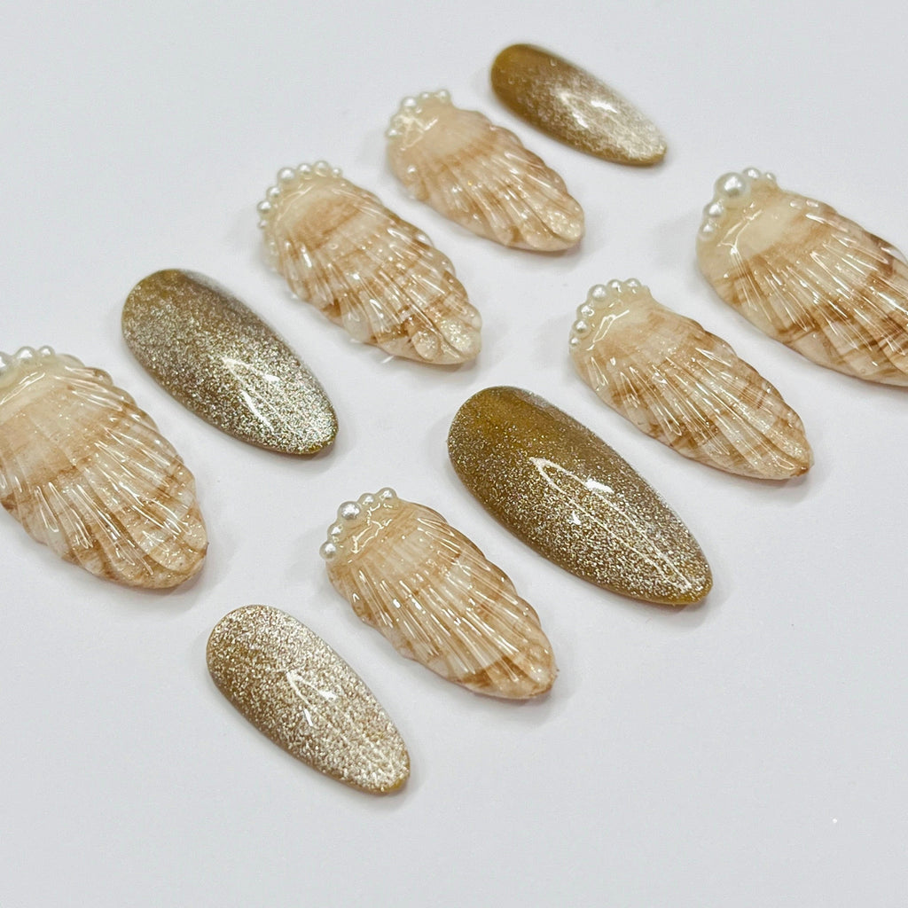 Ocean Inspired Seashell Medium Almond Press On Nails, Handmade Gel False Nails for Birthday Event Party Holiday Vacation