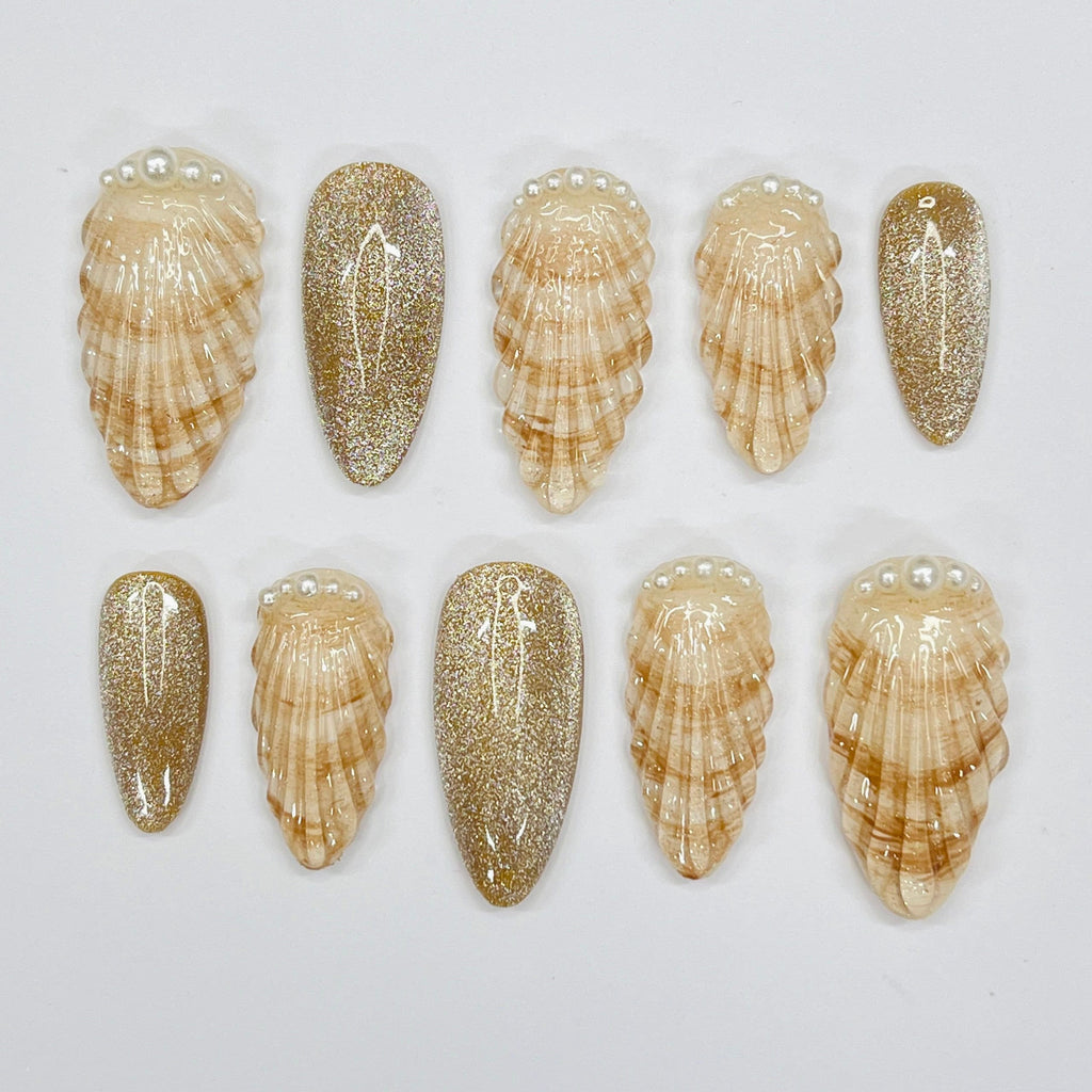 Ocean Inspired Seashell Medium Almond Press On Nails, Handmade Gel False Nails for Birthday Event Party Holiday Vacation