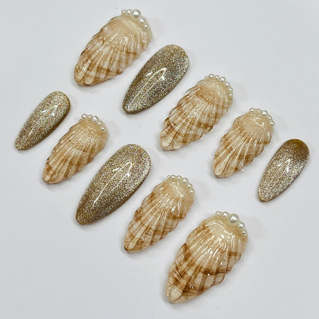 Ocean Inspired Seashell Medium Almond Press On Nails, Handmade Gel False Nails for Birthday Event Party Holiday Vacation