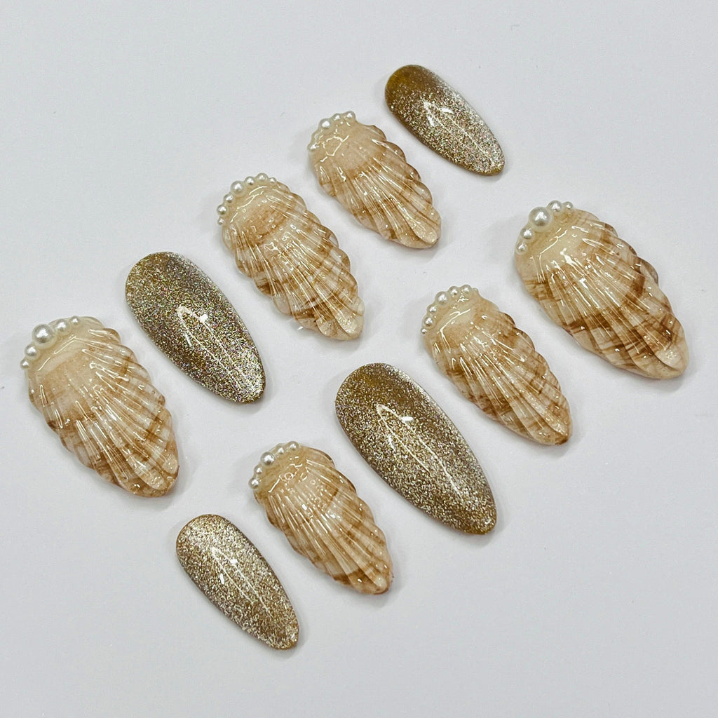 Ocean Inspired Seashell Medium Almond Press On Nails, Handmade Gel False Nails for Birthday Event Party Holiday Vacation