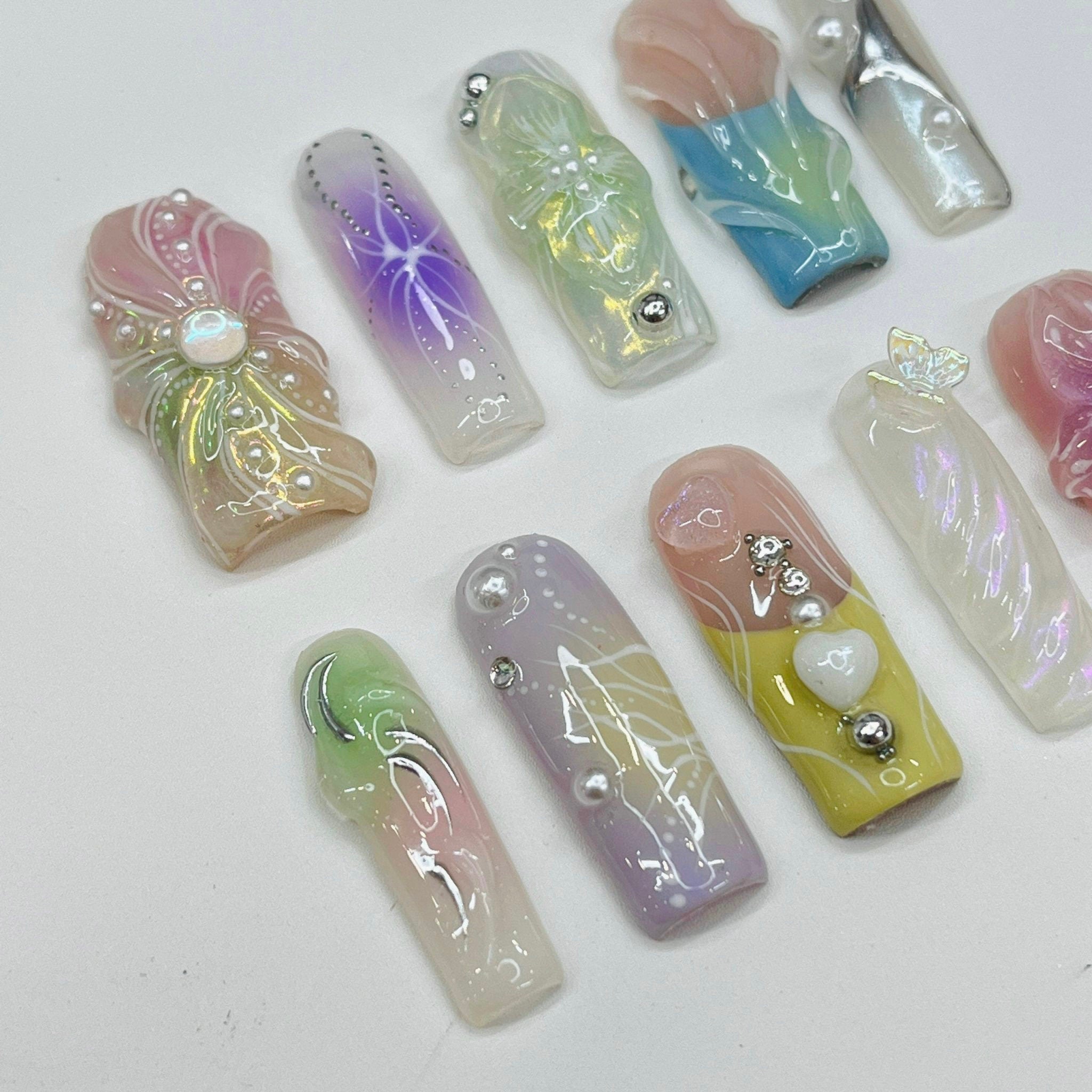 Spring Break - 3D Flowers Long Square Press On Nails, Handmade Gel False Nails for Birthday Event Party Holiday Vacation