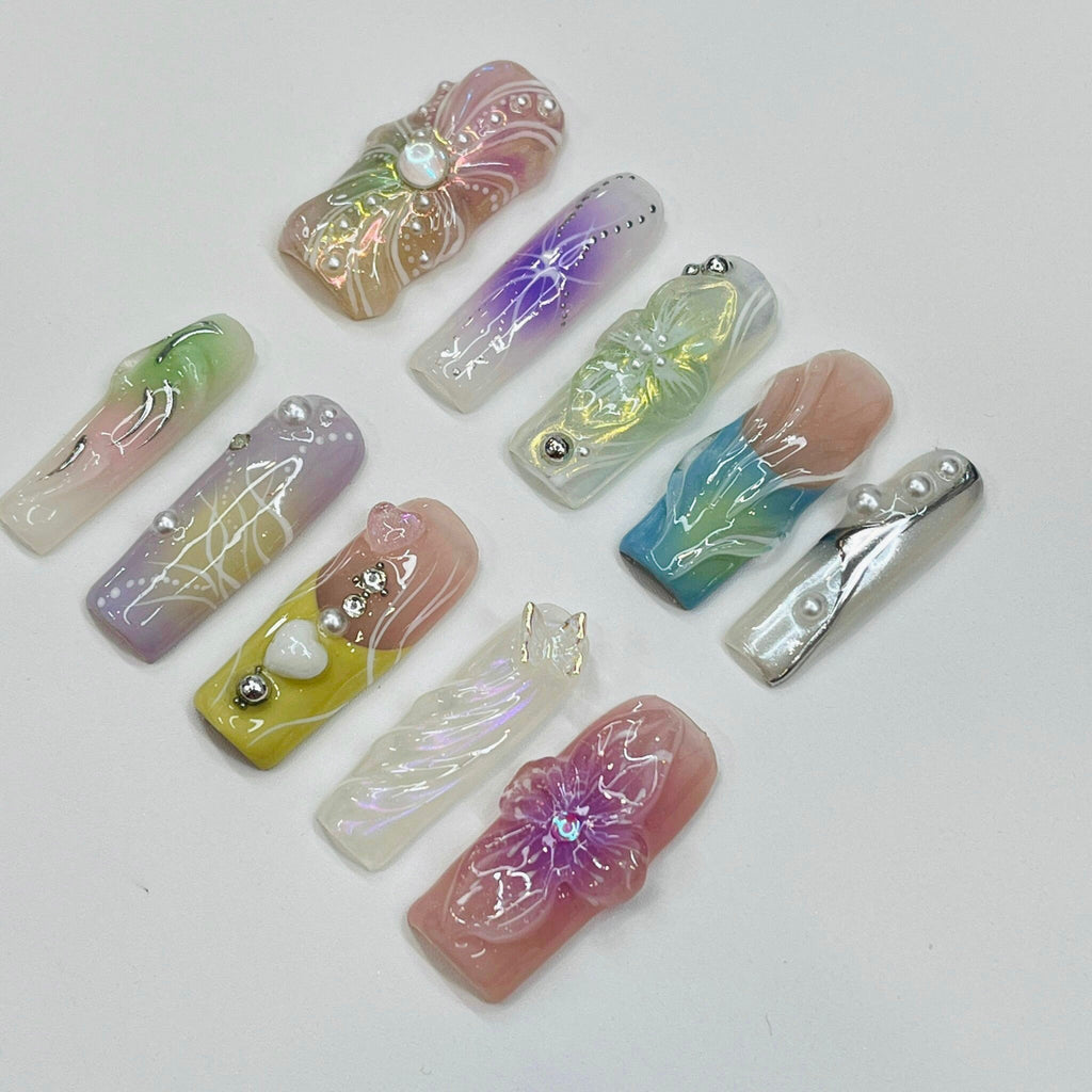 Spring Break - 3D Flowers Long Square Press On Nails, Handmade Gel False Nails for Birthday Event Party Holiday Vacation