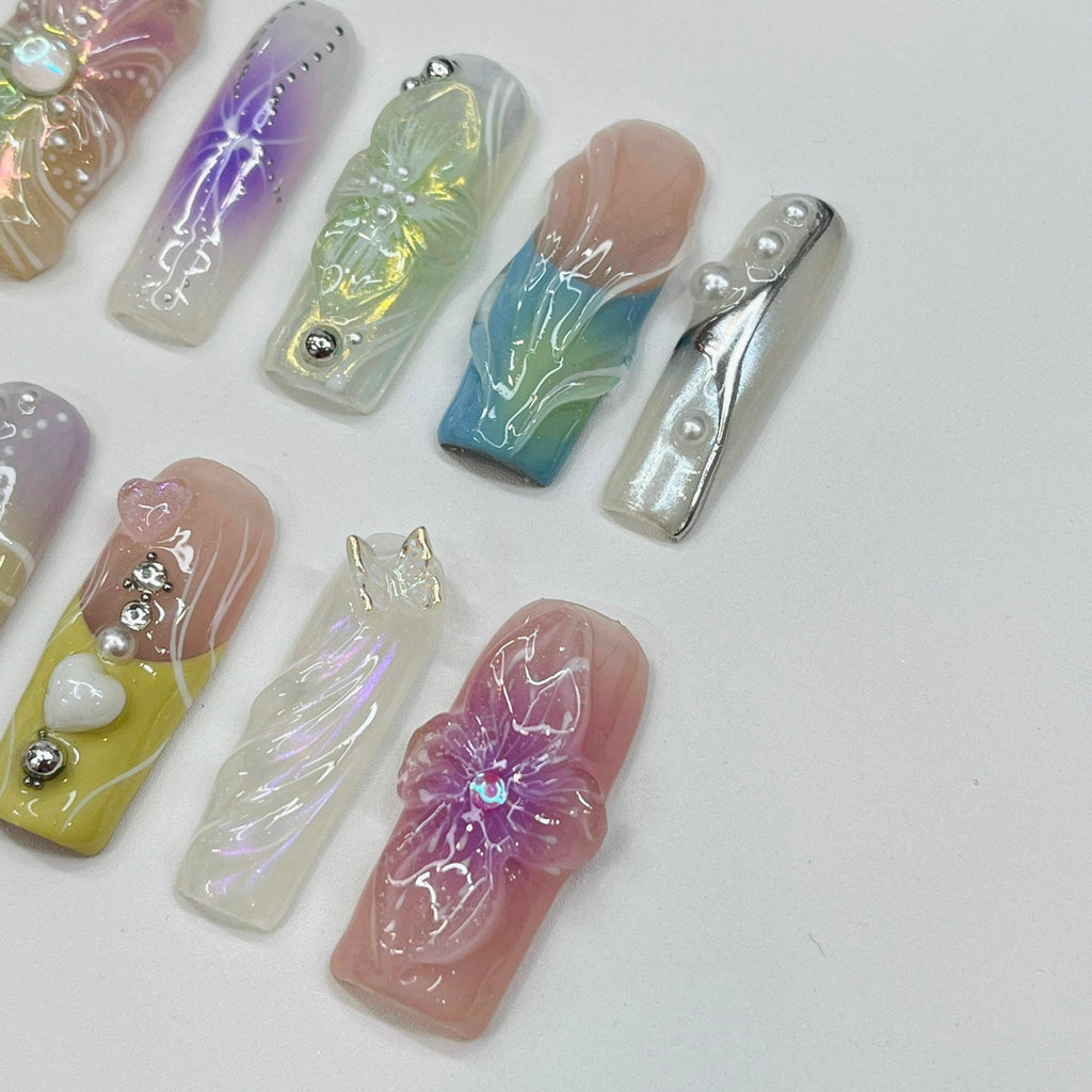 Spring Break - 3D Flowers Long Square Press On Nails, Handmade Gel False Nails for Birthday Event Party Holiday Vacation