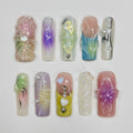 Spring Break - 3D Flowers Long Square Press On Nails, Handmade Gel False Nails for Birthday Event Party Holiday Vacation