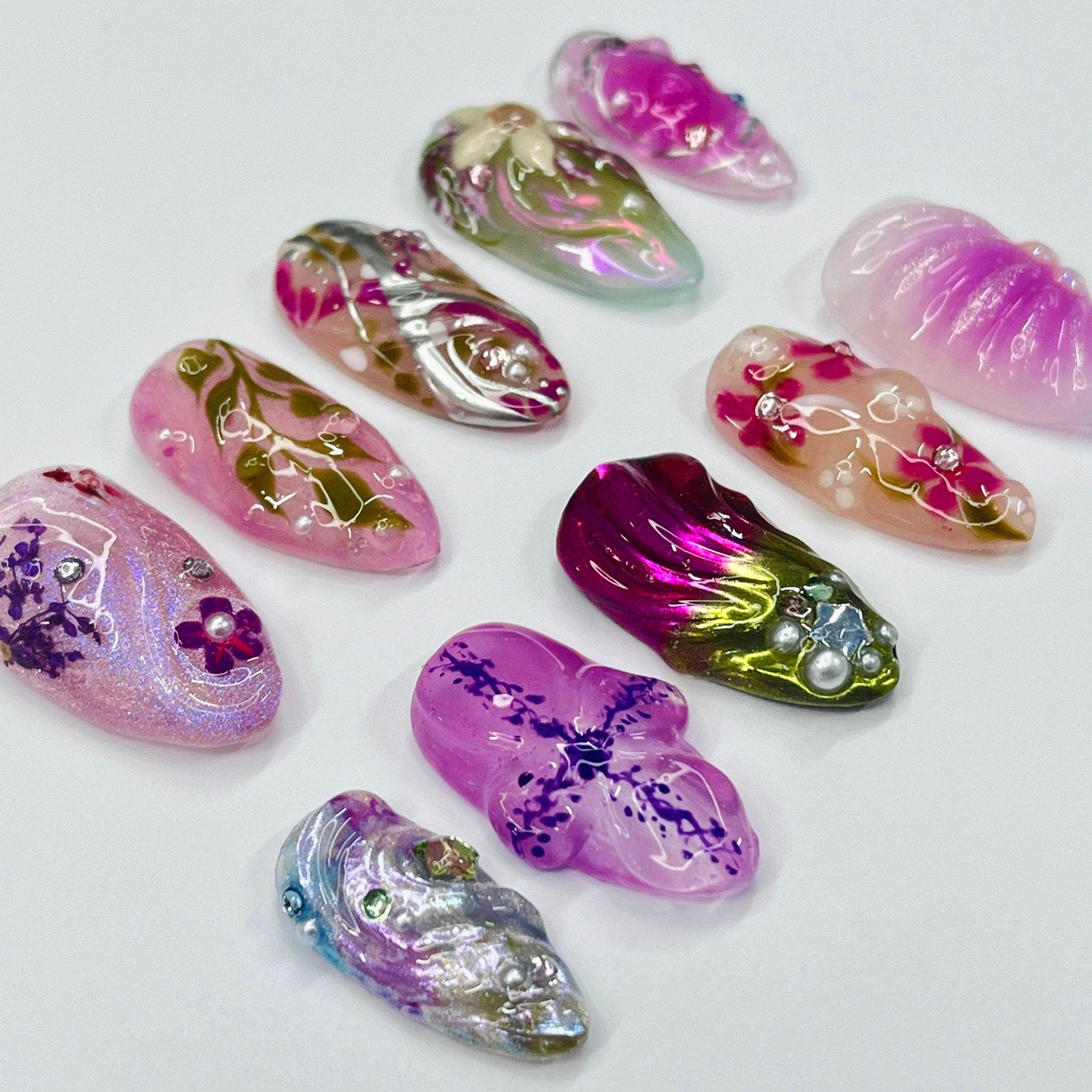 Cute 3D Purple Flower Medium Almond Press On Nails, Handmade Gel False Nails for Birthday Event Party Holiday Vacation