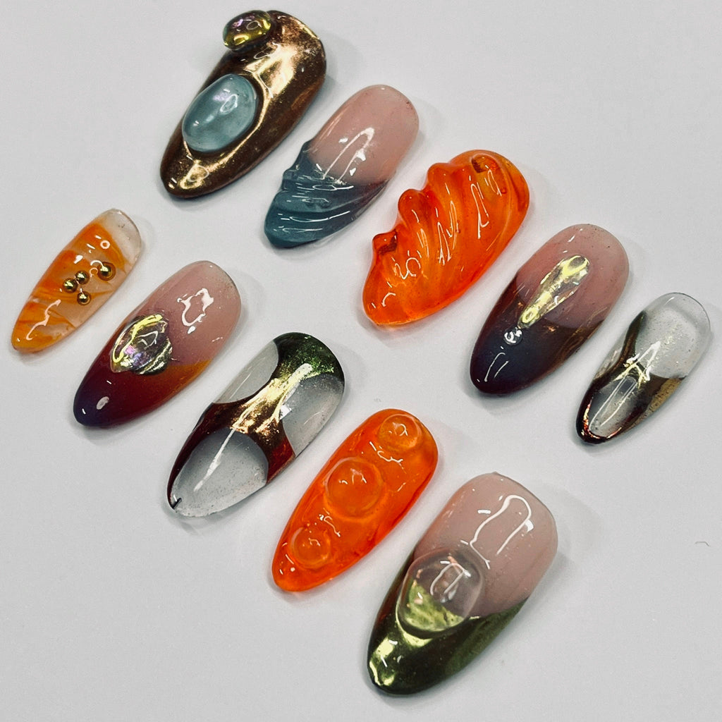 Free style 3D Medium Almond Press On Nails, Handmade Gel False Nails for Birthday Event Party, Holiday, Prom Nails