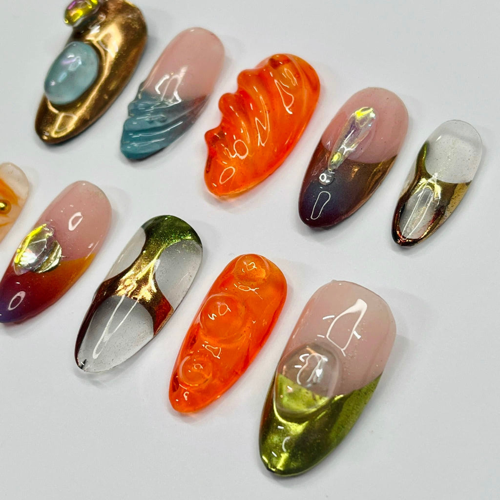 Free style 3D Medium Almond Press On Nails, Handmade Gel False Nails for Birthday Event Party, Holiday, Prom Nails